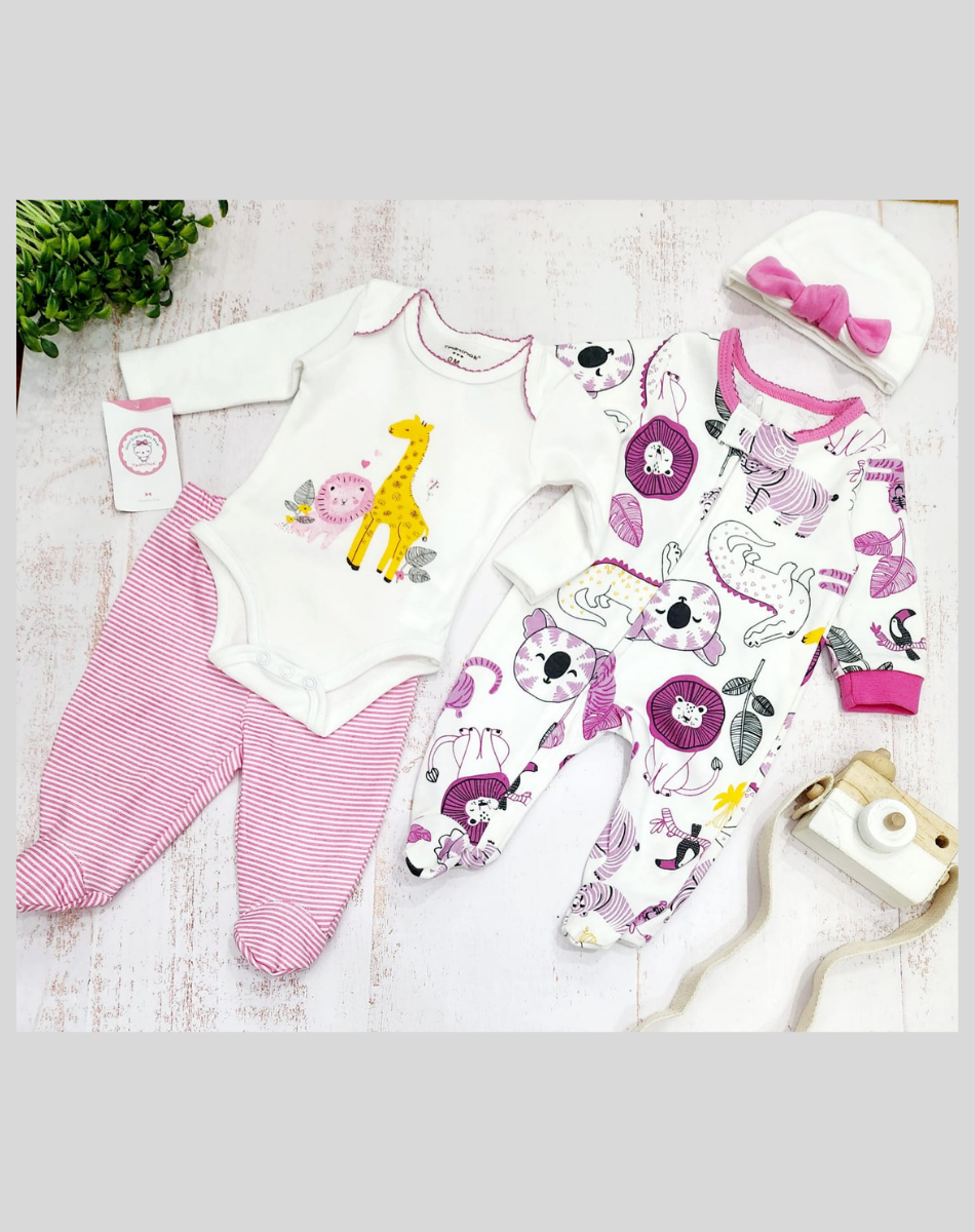 Conjunto Bebe Niña Pack 4 Piezas Body Pantalon Pijama Gorro Tedmimak-1