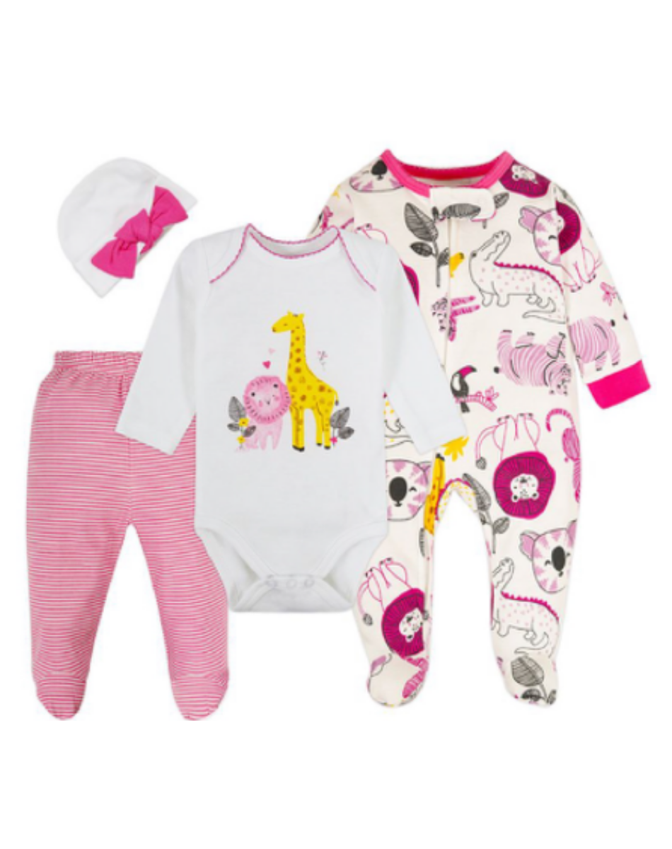 Conjunto Bebe Niña Pack 4 Piezas Body Pantalon Pijama Gorro Tedmimak-0