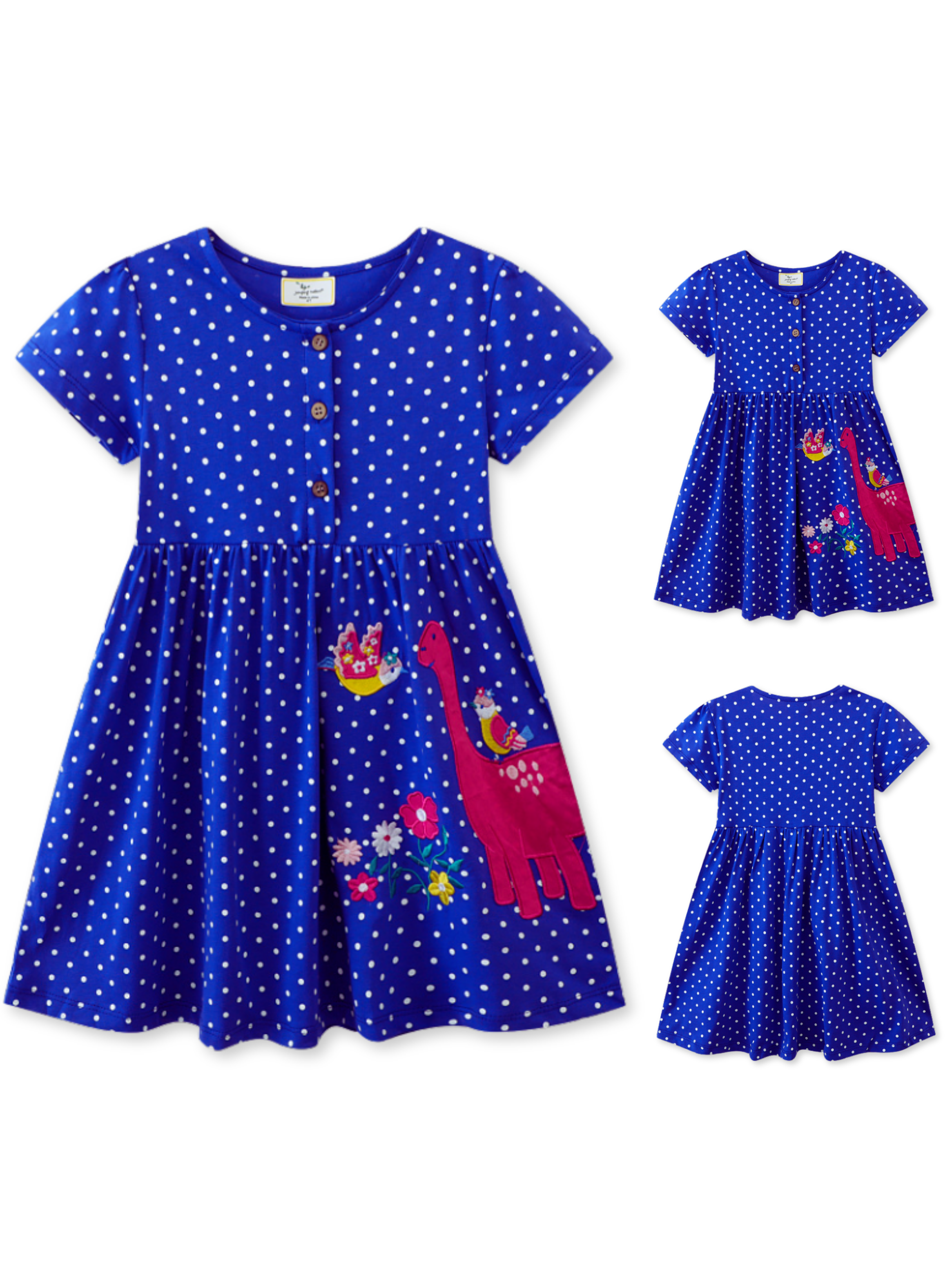 Vestido Manga Corta Niña Estampado Dinosaurio Azul-3