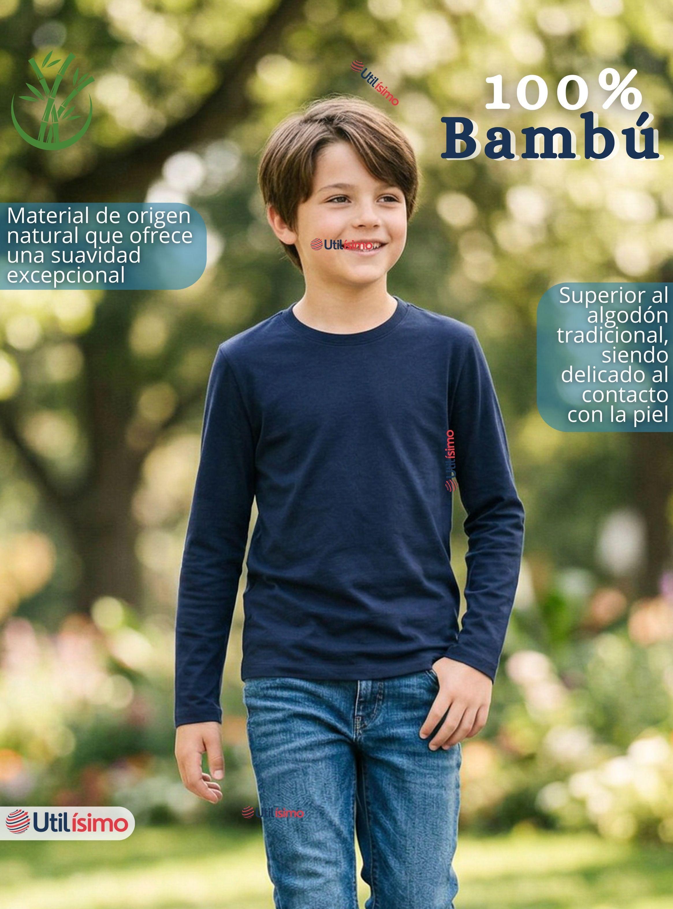 Polera Camiseta Bambú Color Azul Oscuro Cuello Redondo Primera Capa Manga Larga Niños-3