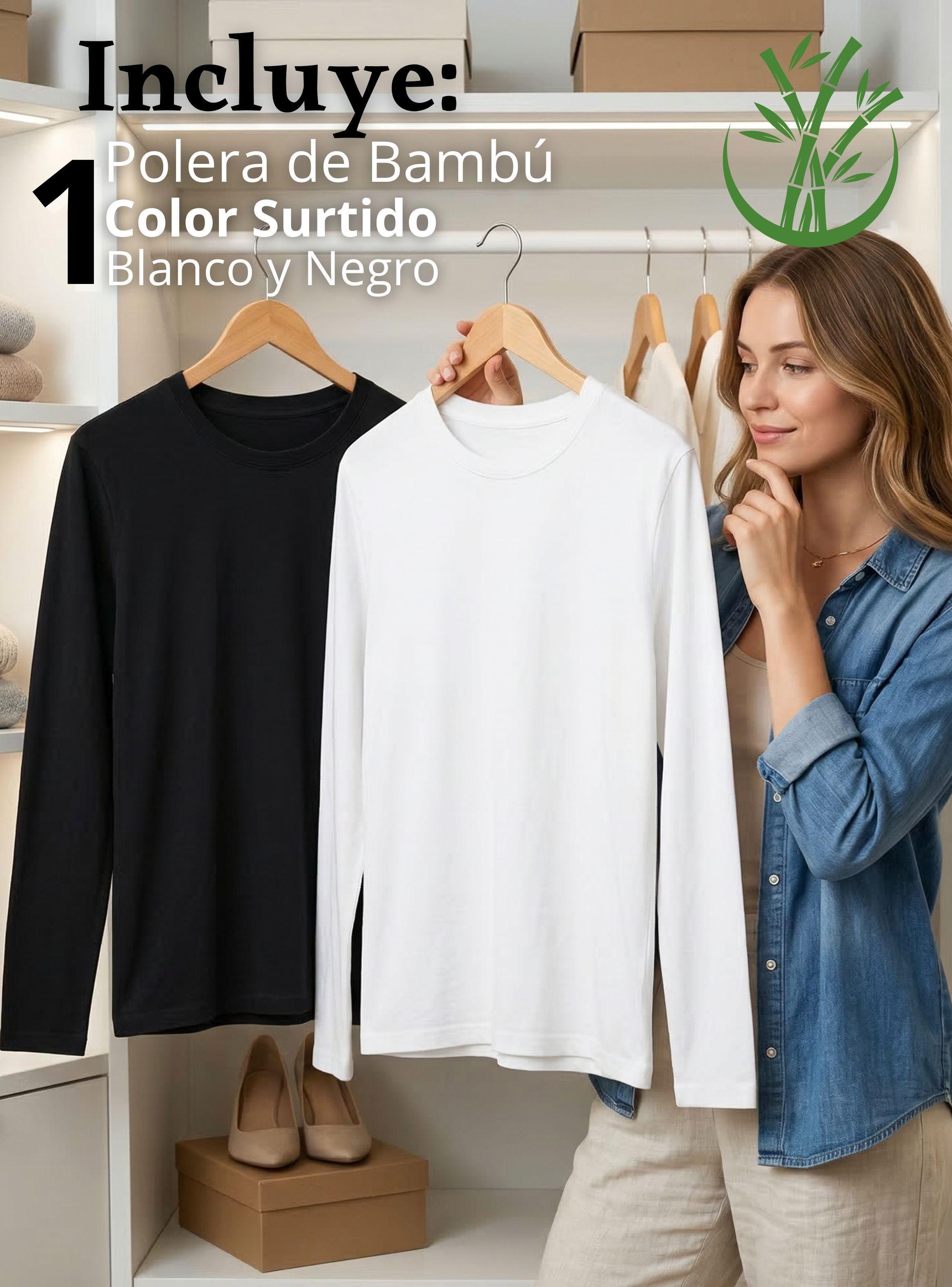 Camiseta Polera Bambú Primera Capa Mangas Larga Blanco Negro Mujer-2
