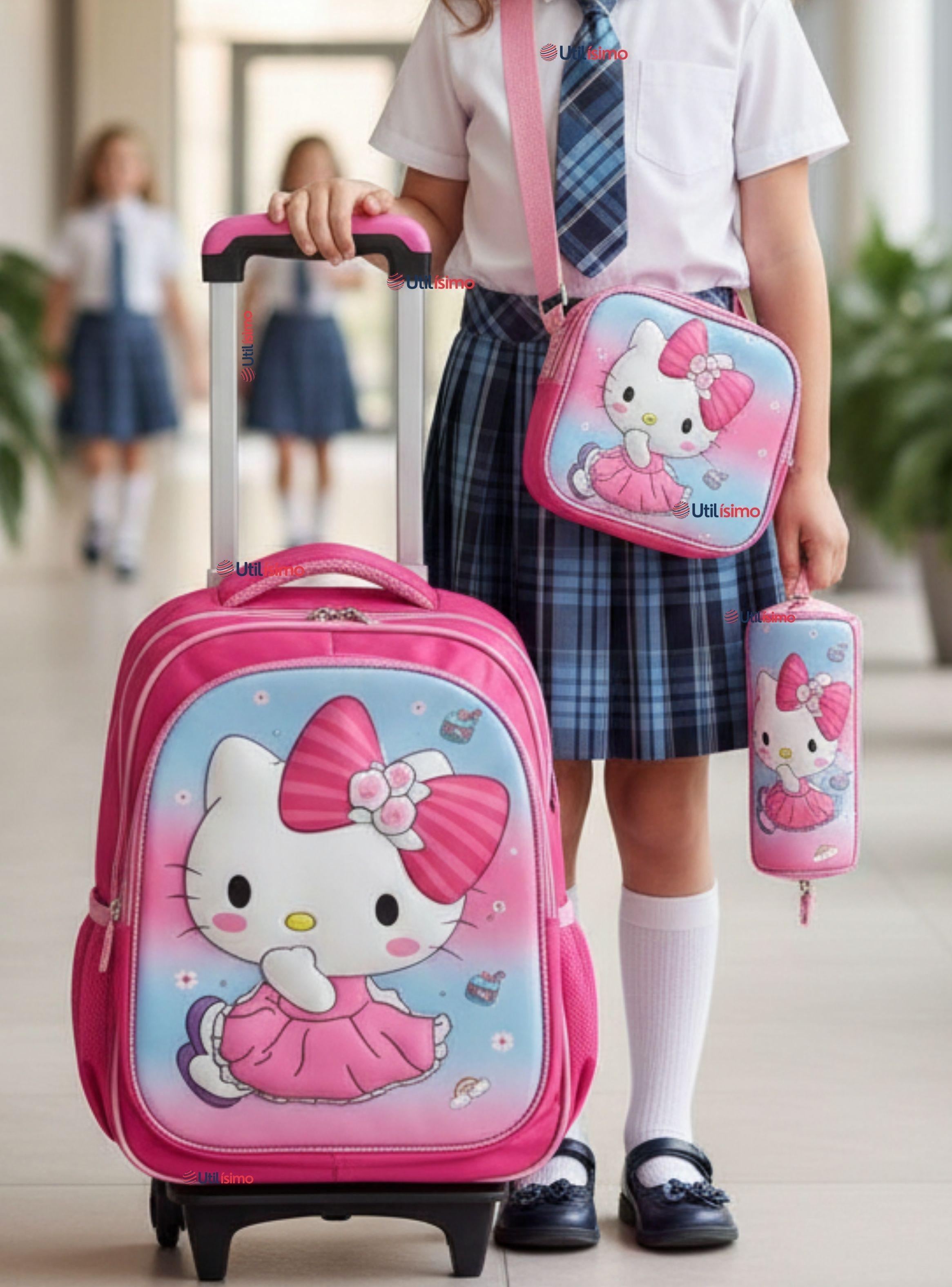 Mochila Escolar Hello Kitty Con Ruedas Desmontables + Estuche + Lonchera para Niña Poliéster Pink-0