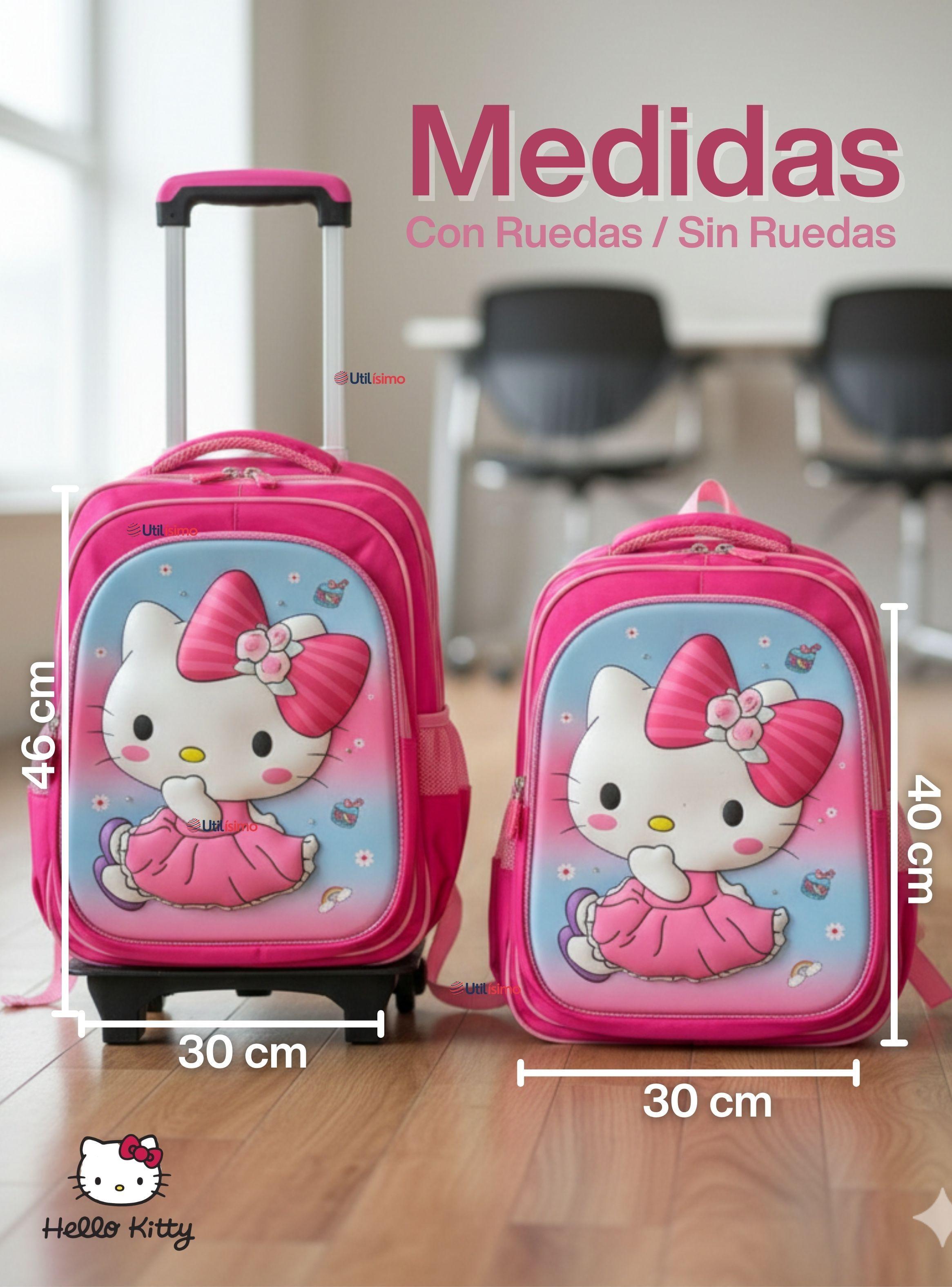 Mochila Escolar Hello Kitty Con Ruedas Desmontables + Estuche + Lonchera para Niña Poliéster Pink-3