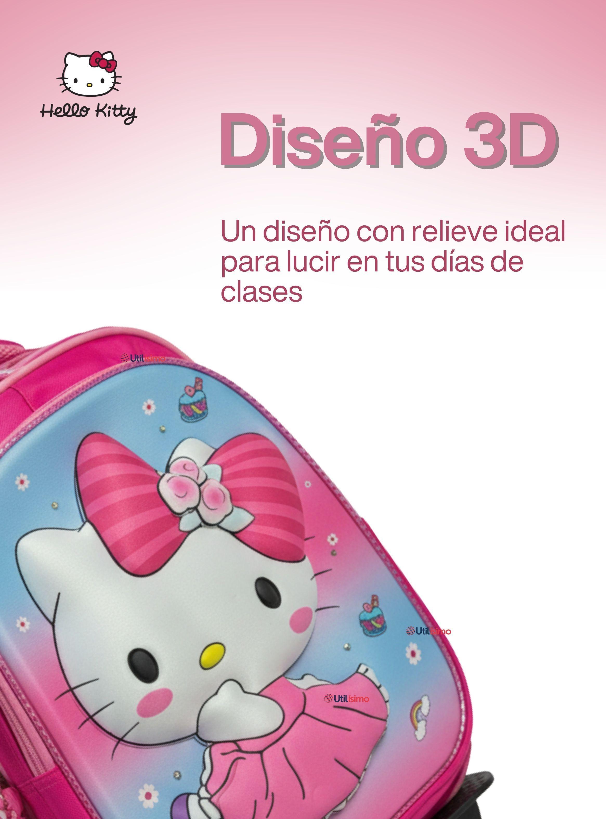 Mochila Escolar Hello Kitty Con Ruedas Desmontables + Estuche + Lonchera para Niña Poliéster Pink-5