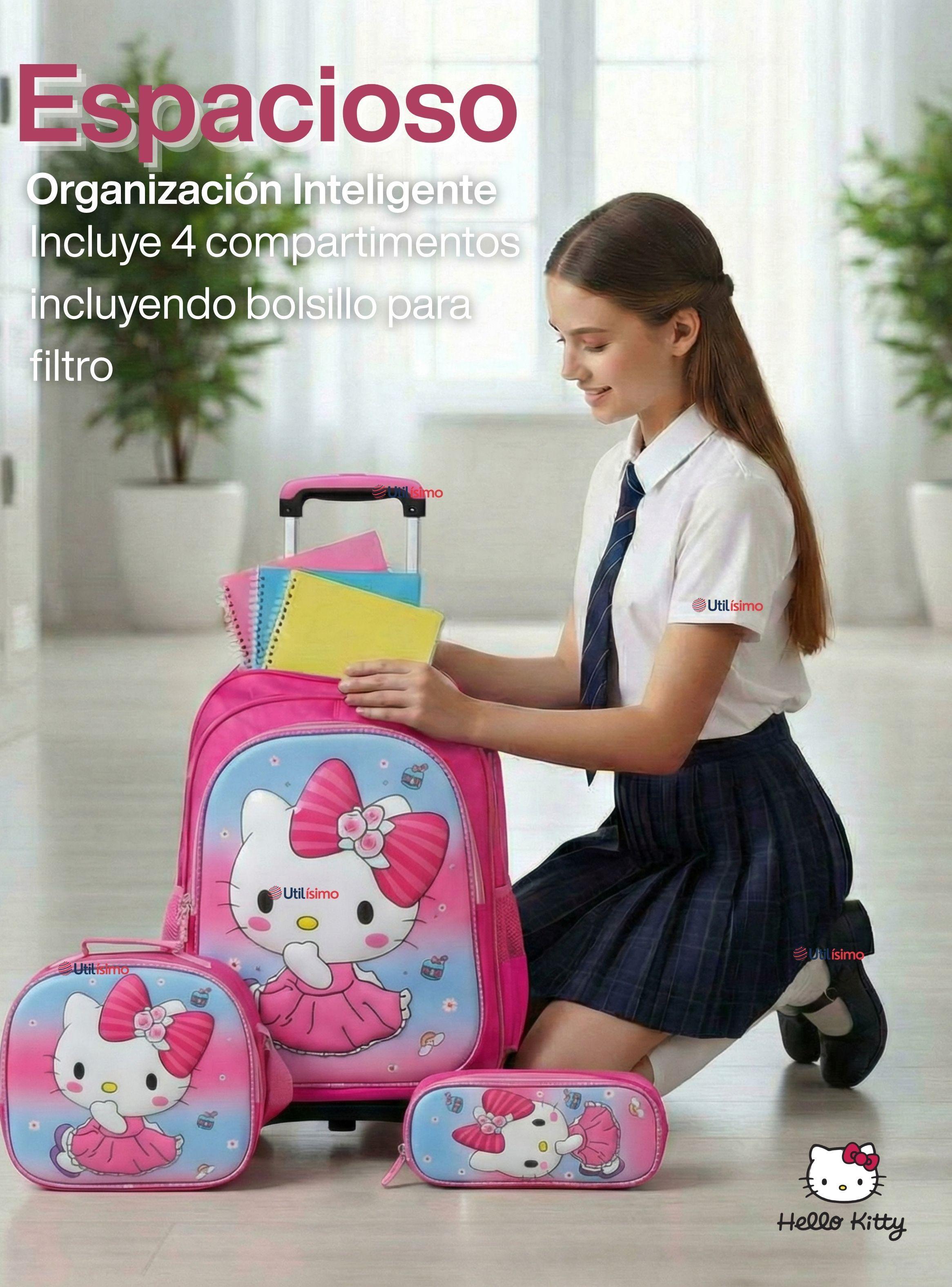 Mochila Escolar Hello Kitty Con Ruedas Desmontables + Estuche + Lonchera para Niña Poliéster Pink-7