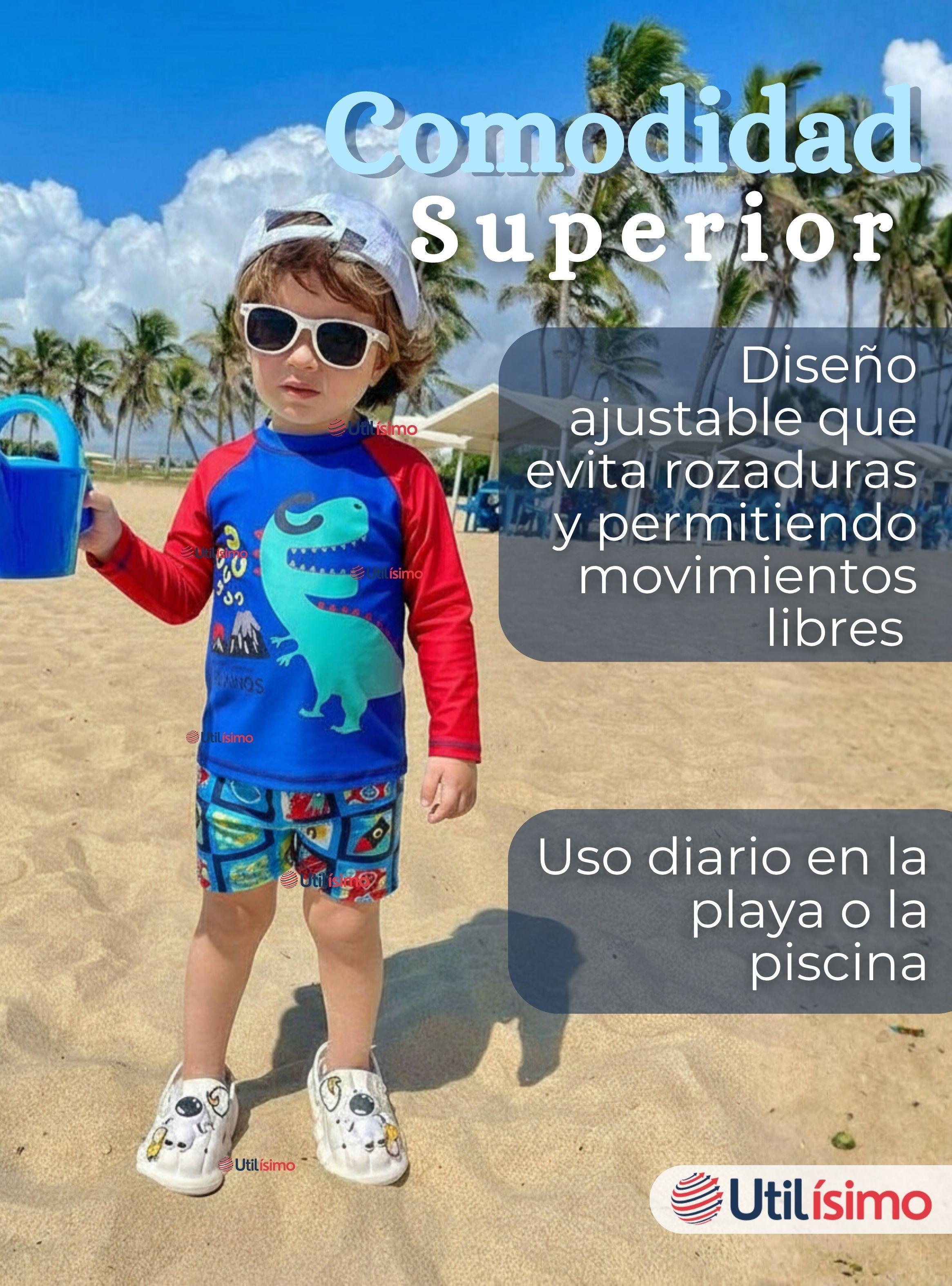 Traje de Baño Manga Larga Pantalón Corto 2 Piezas Corte Split Niño 3 a 9 años Blue Dinosaur-6