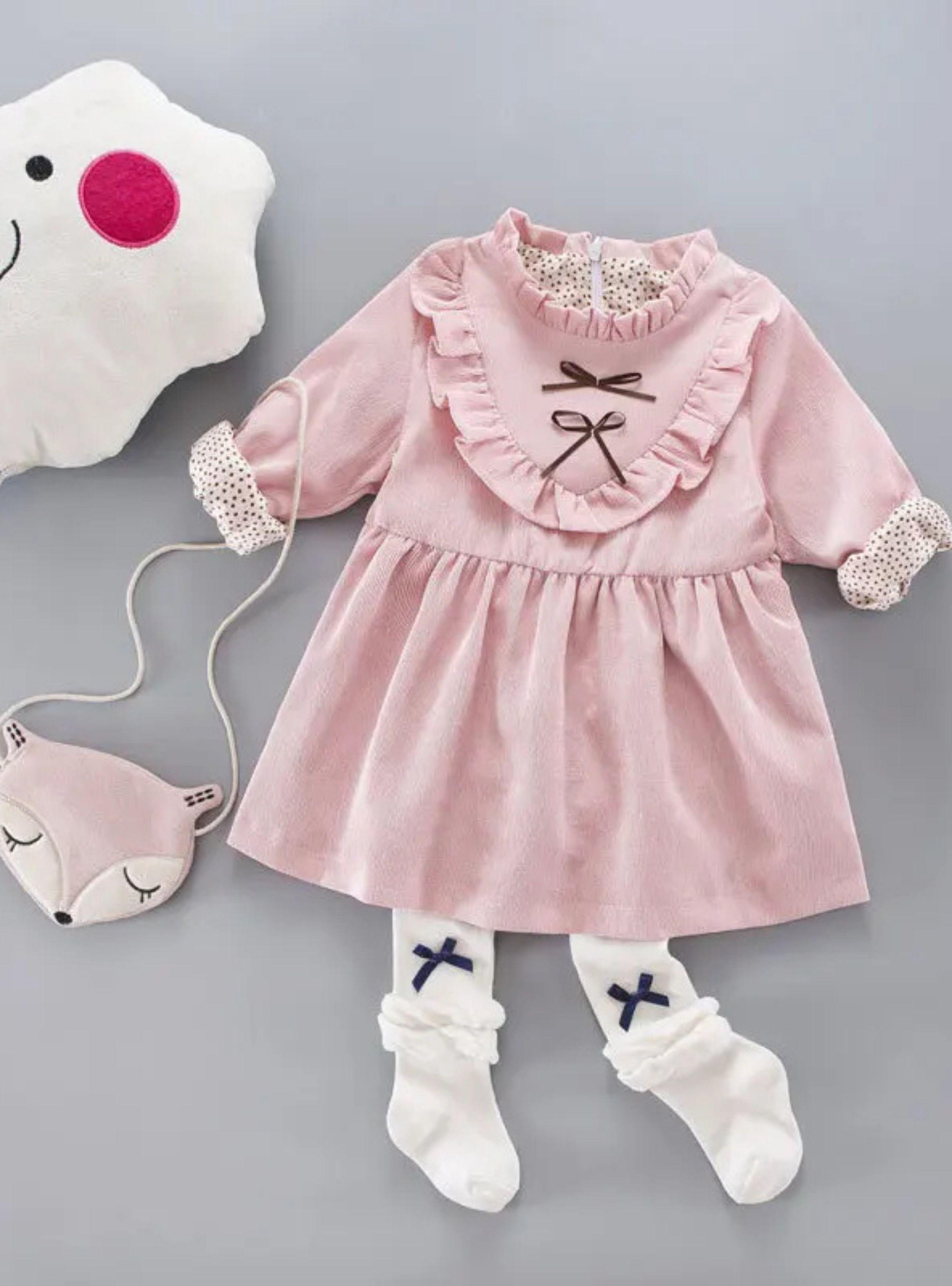 Vestido Con Lazo Negro De Cotelé Forrado En Algodón Niña Rosado-0