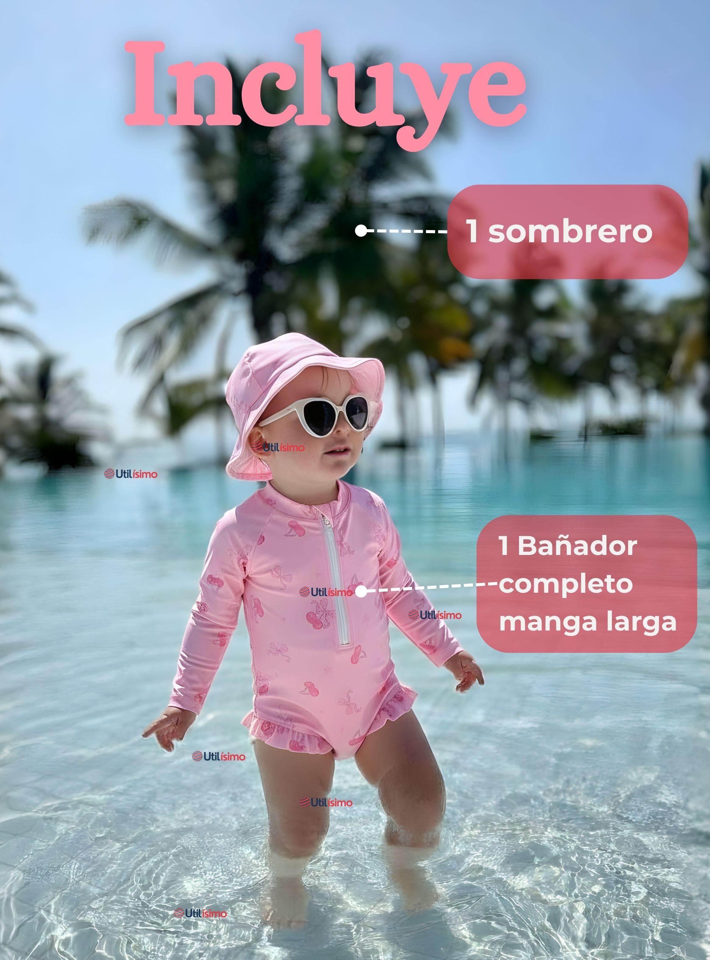 Traje de Baño Enterito Manga Larga Con Gorro 2 Piezas para Niña de 9 a 36 Meses Rosado Cereza-1
