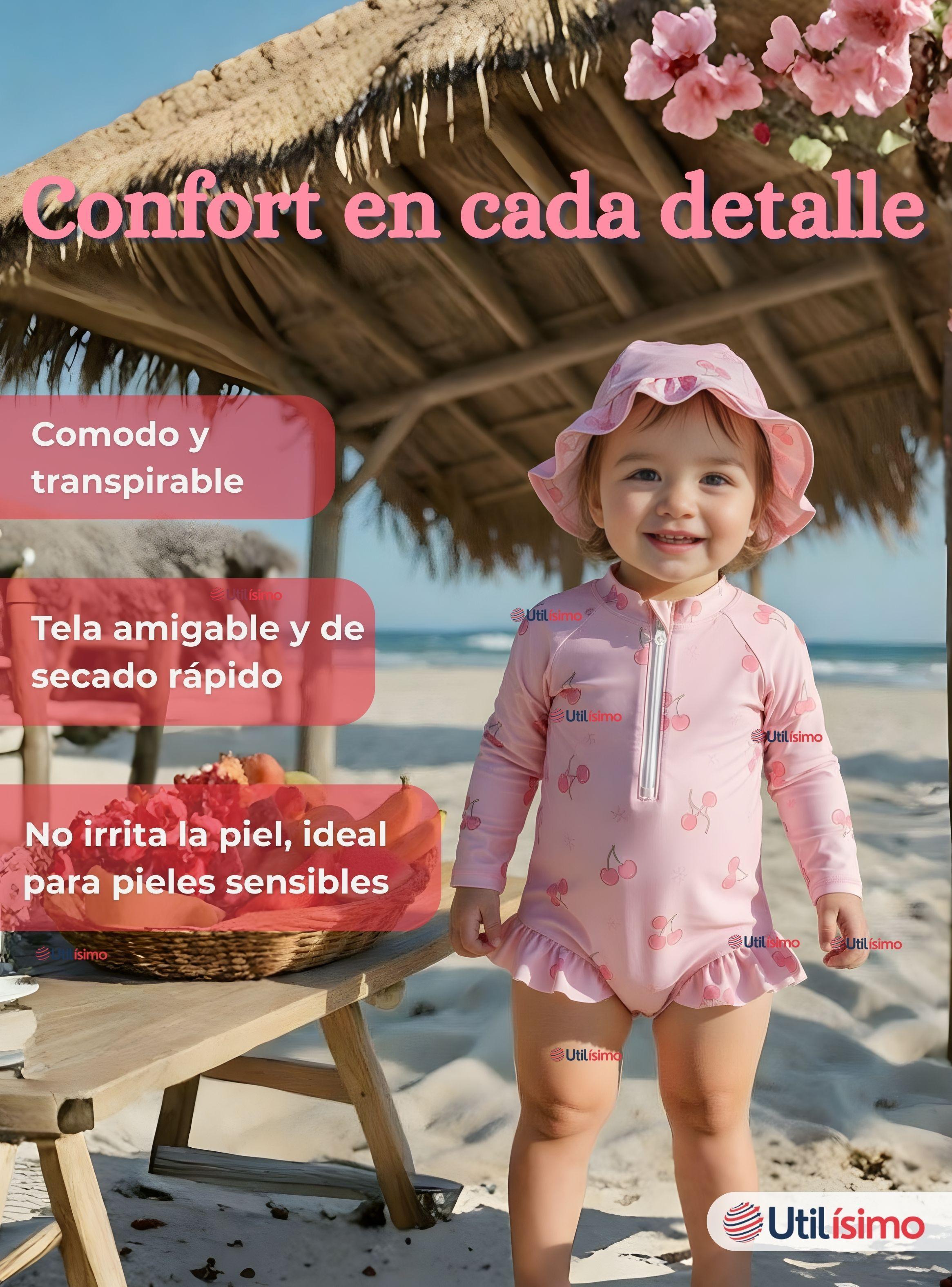Traje de Baño Enterito Manga Larga Con Gorro 2 Piezas para Niña de 9 a 36 Meses Rosado Cereza-7