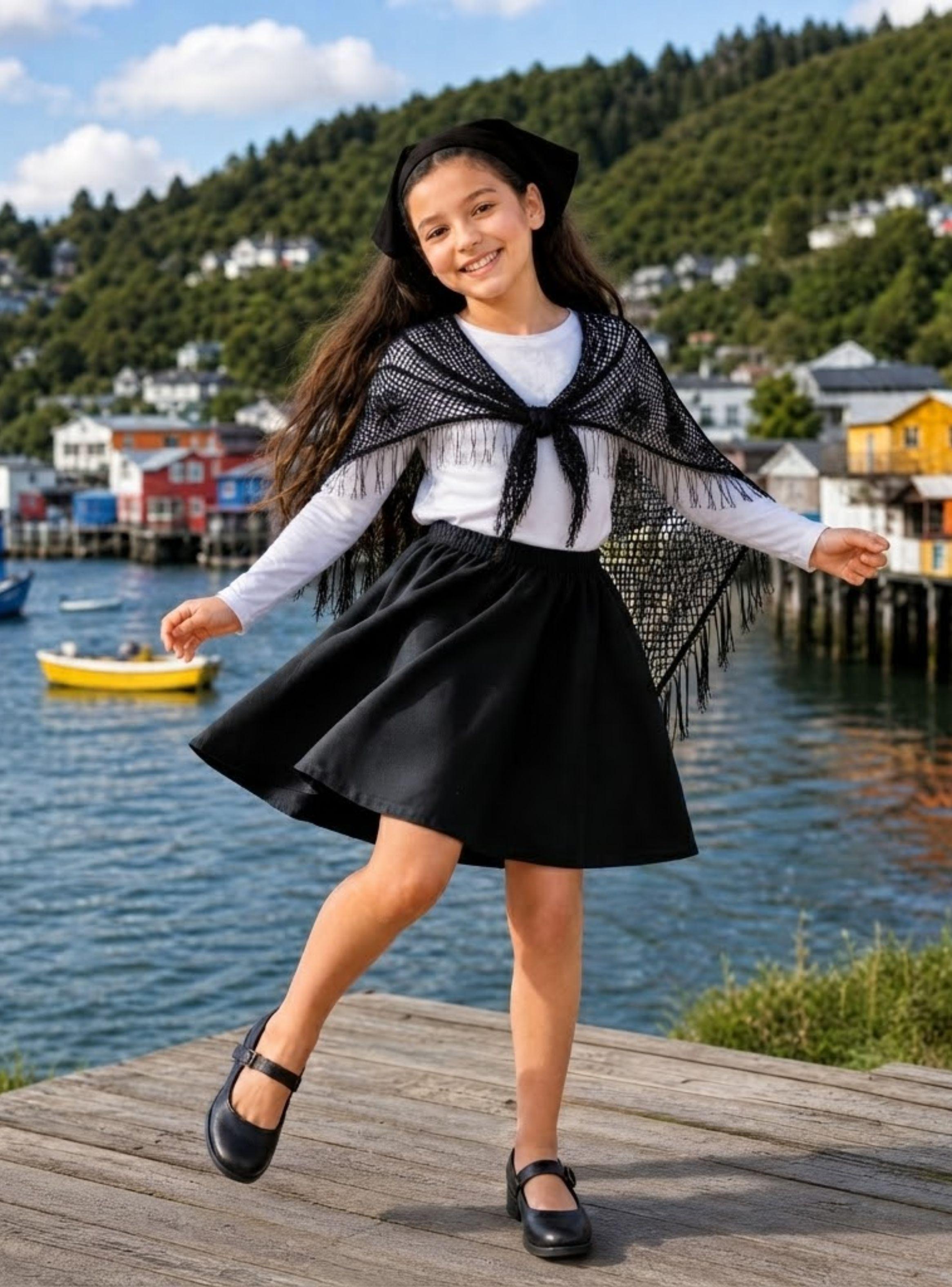 Traje Chilote Niña Negro 4 Piezas Con Polera Baile Típico Fiestas Patrias-0