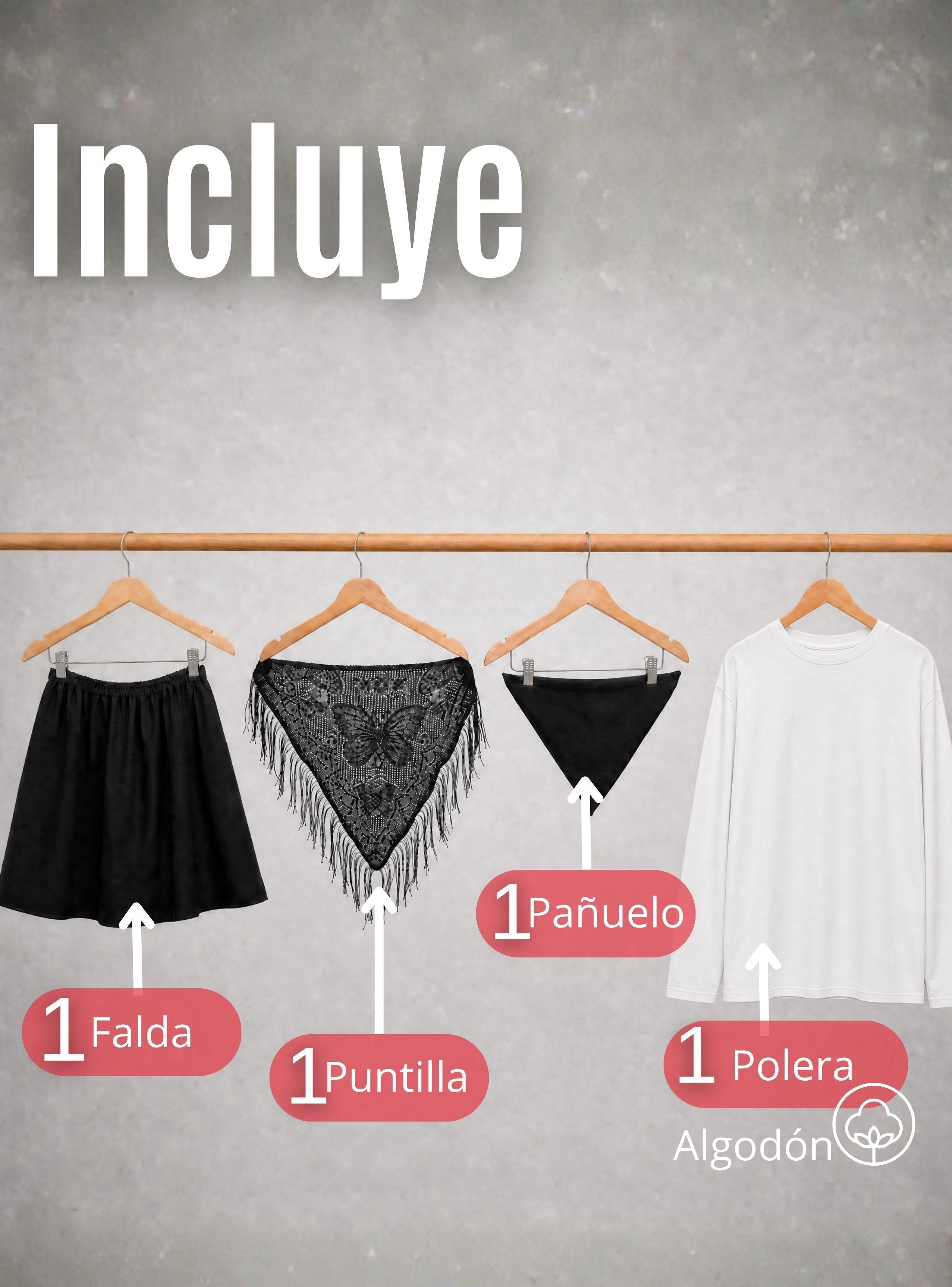 Traje Chilote Niña Negro 4 Piezas Con Polera Baile Típico Fiestas Patrias-2