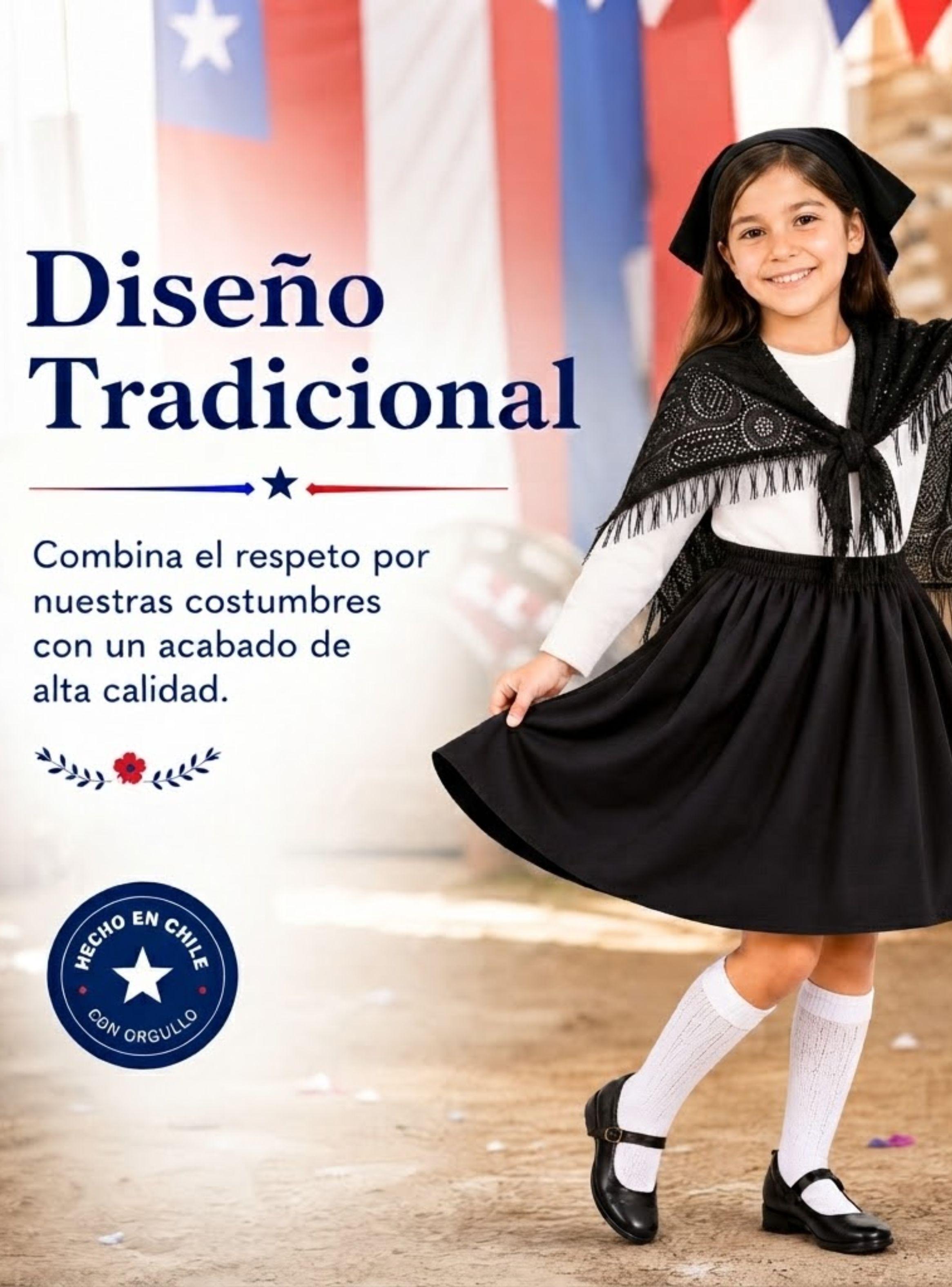 Traje Chilote Niña Negro 4 Piezas Con Polera Baile Típico Fiestas Patrias-6