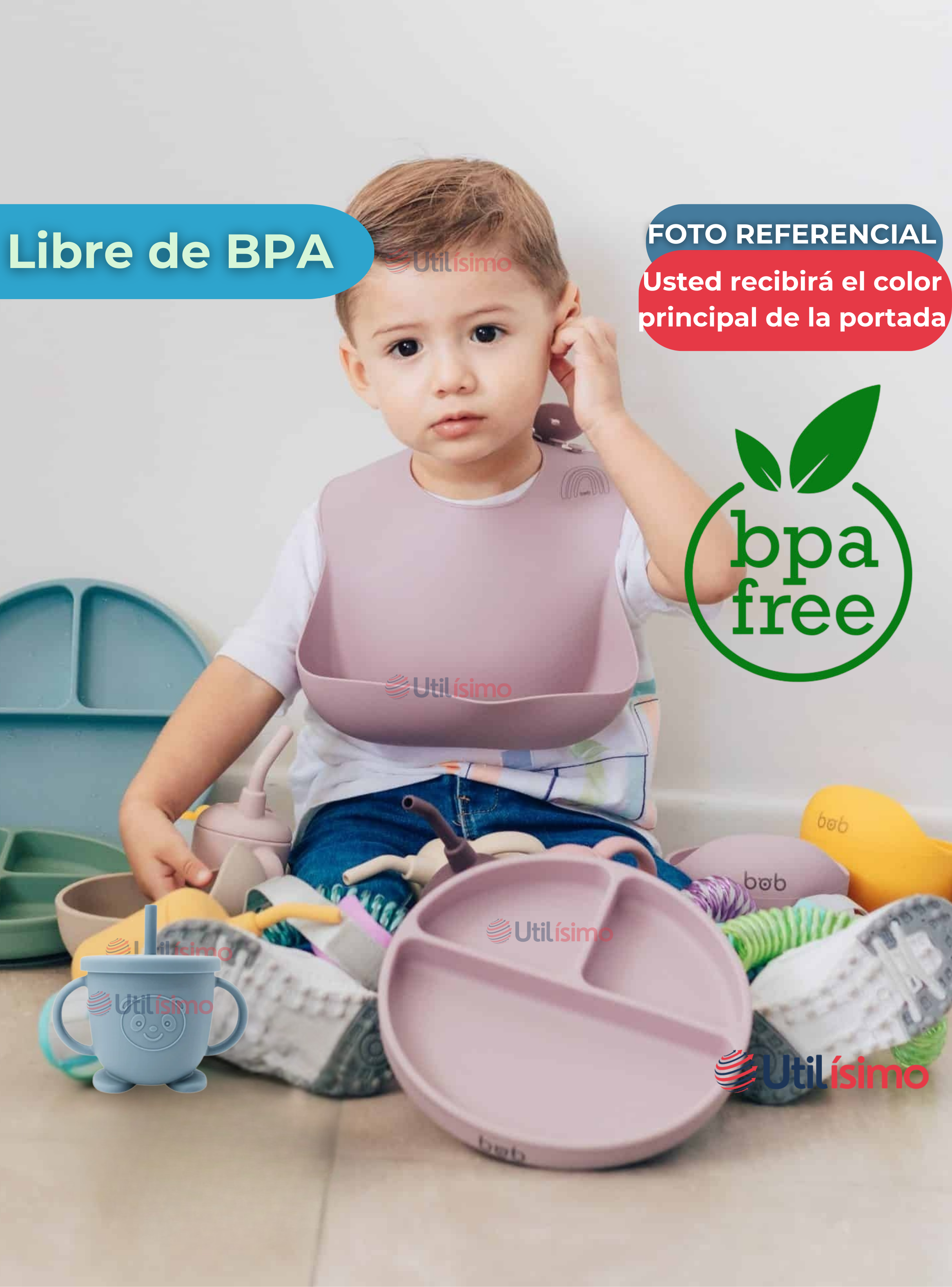 Set De Alimentación Bebé Silicona Con Vaso 5 Piezas Libre BPA Celeste-2
