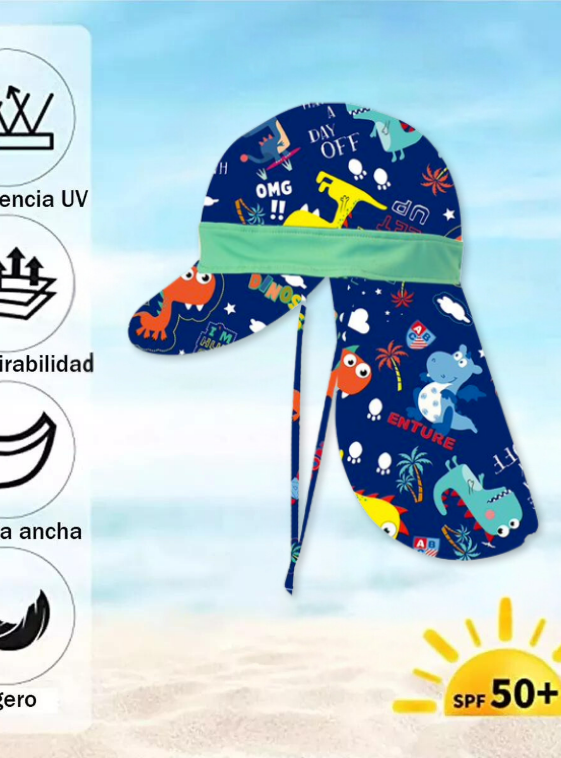 Gorro Largo Con Protección UV +50 Azul Oscuro Dinosaurio Niño-1