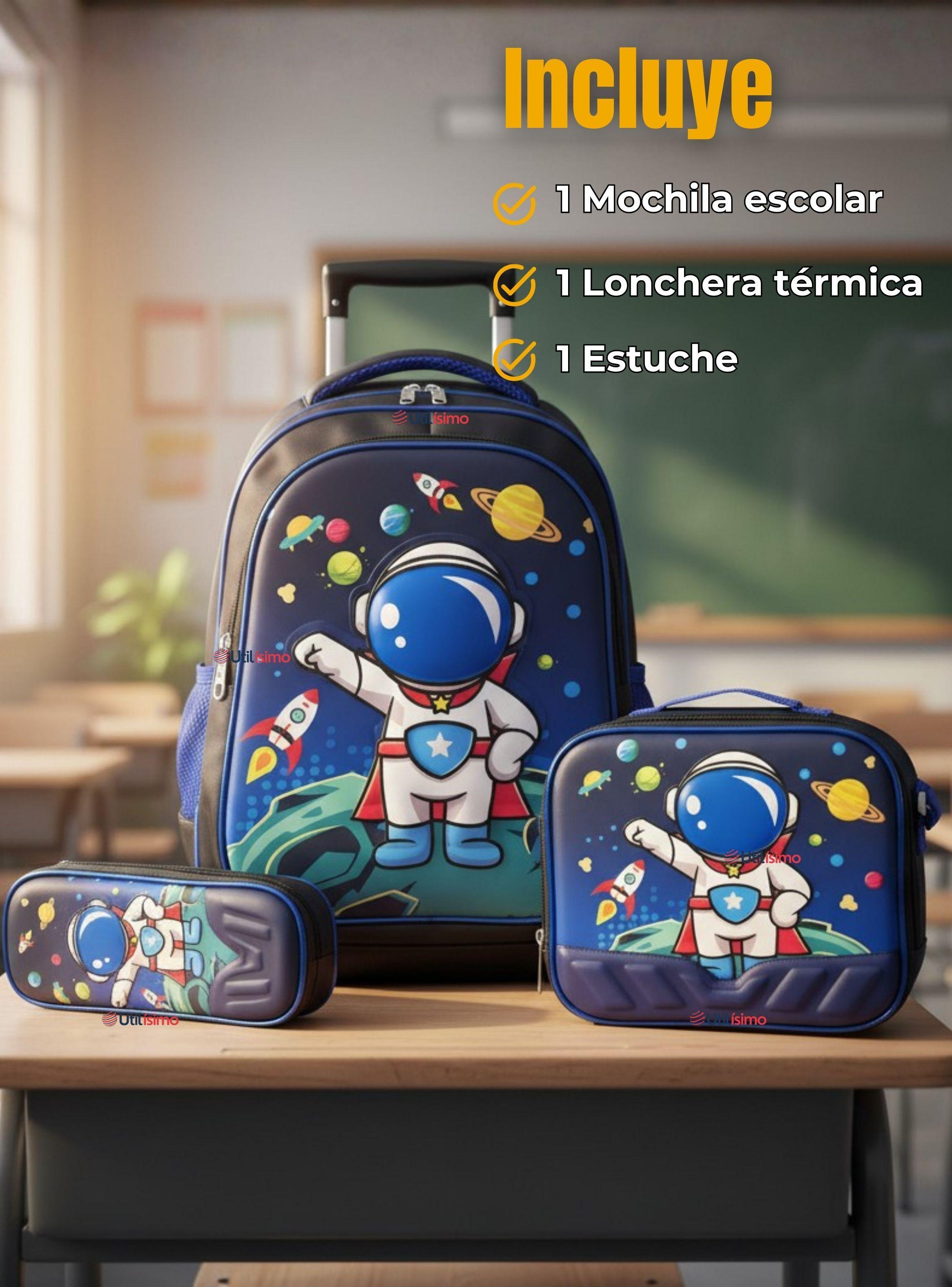 Mochila Escolar Con Ruedas + Estuche + Lonchera Poliéster Astronauta Niño-1