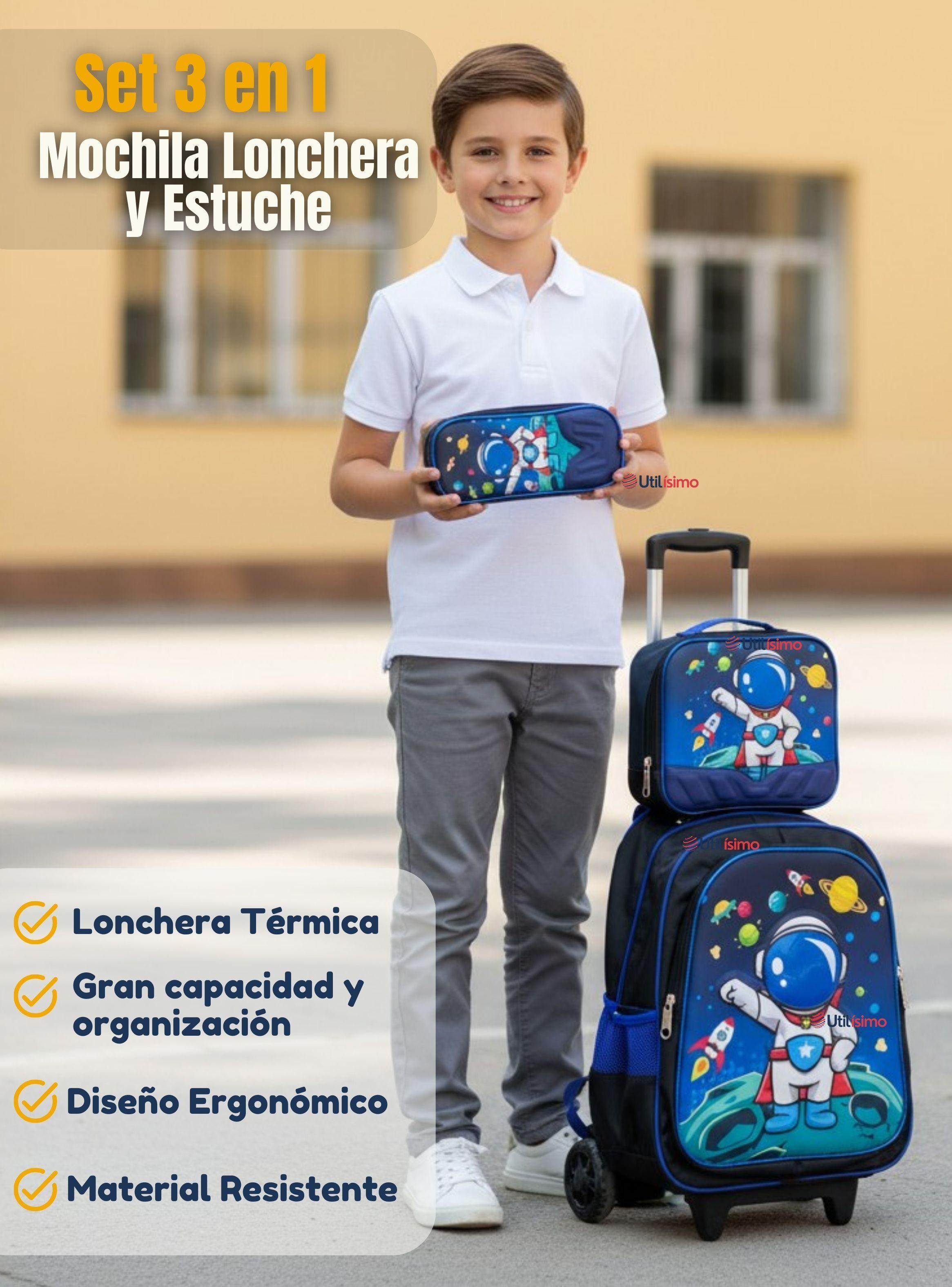 Mochila Escolar Con Ruedas + Estuche + Lonchera Poliéster Astronauta Niño-2