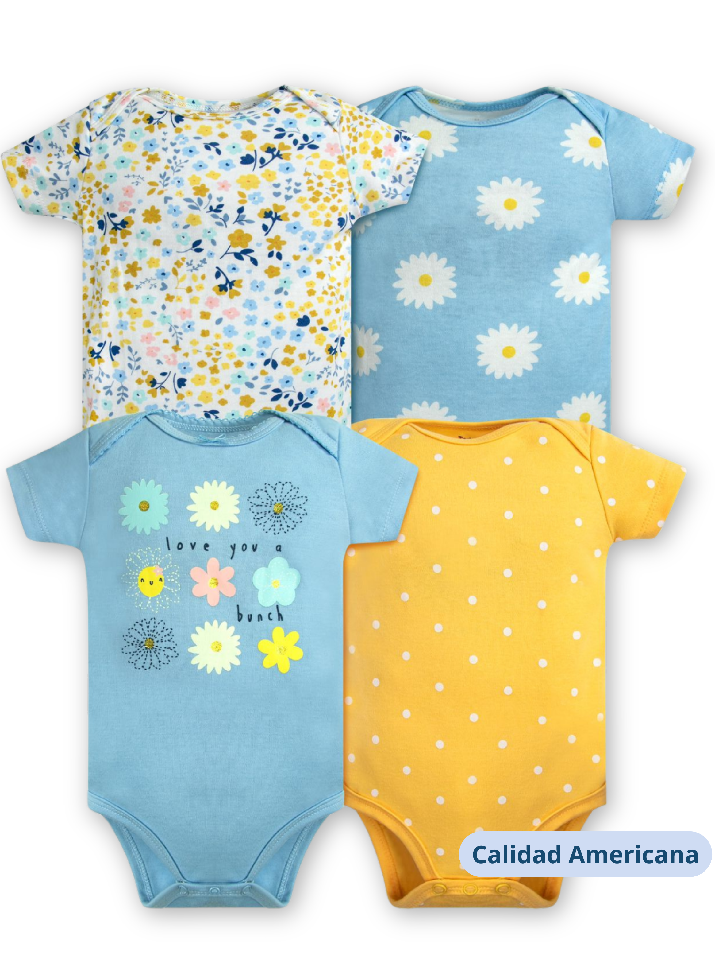 Pack 4 Bodys Niña Manga Corta Tedmimak 100% Algodón Girasoles Amarillo-3