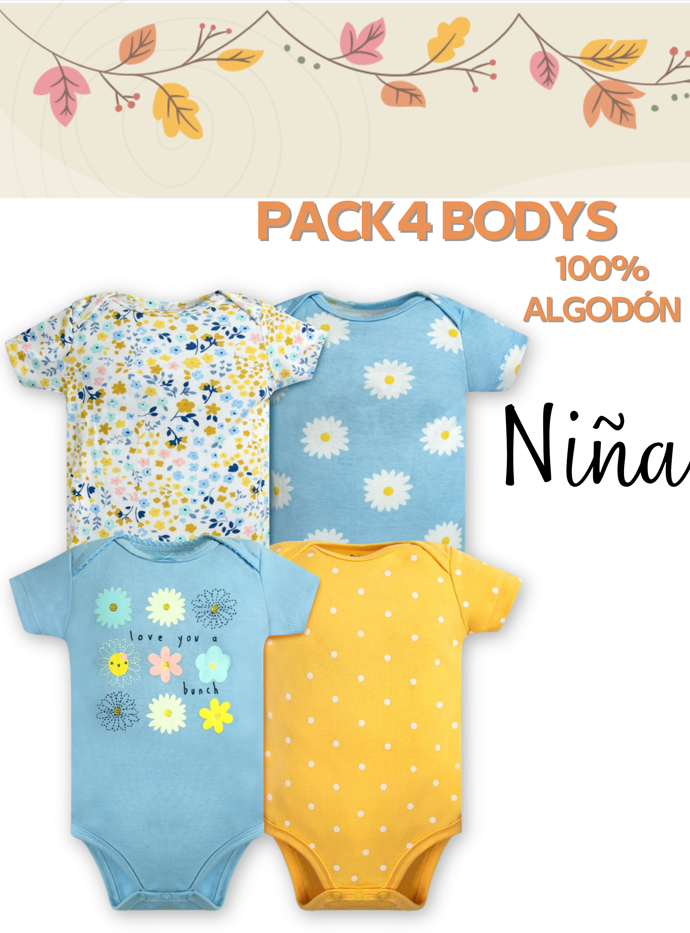 Pack 4 Bodys Niña Manga Corta Tedmimak 100% Algodón Girasoles Amarillo-4