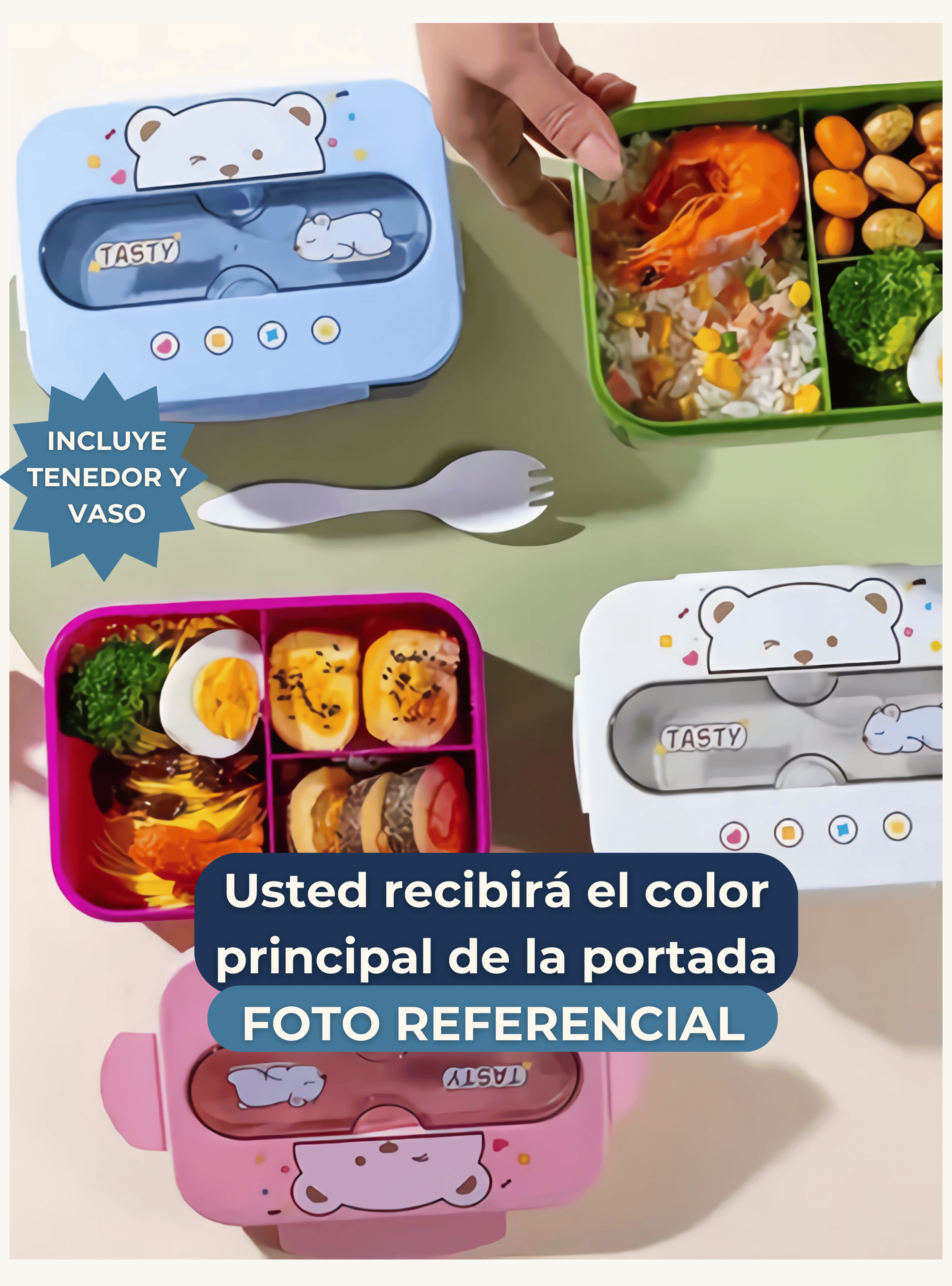 Fiambrera Contenedor Osito 1200 Ml Táper Hermético + Cubiertos y Vaso Infantil Green-3