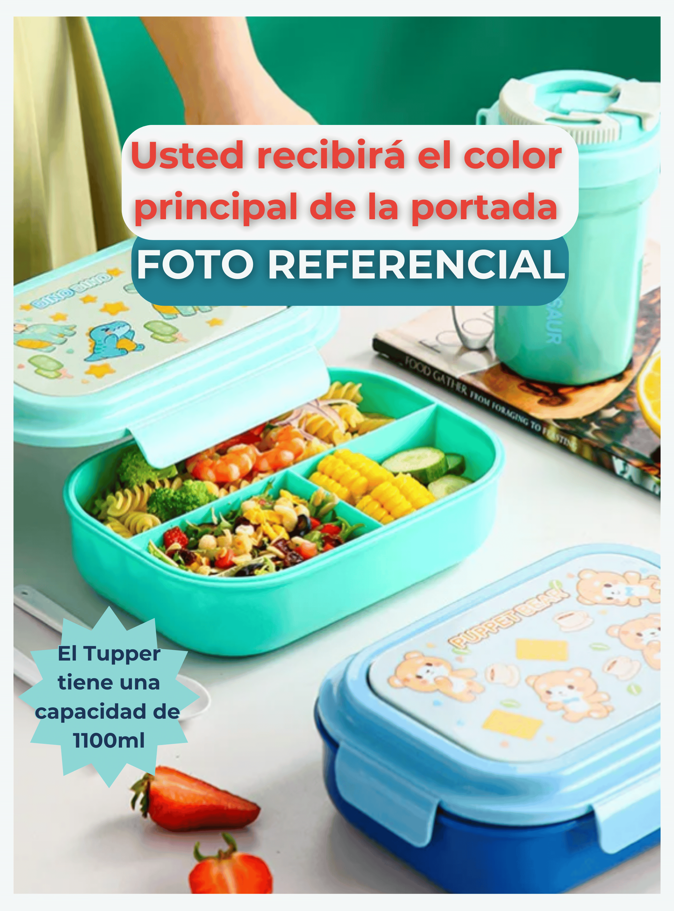 Fiambrera Contenedor 1100 Ml Táper Hermético + Vaso Plástico Infantil-2