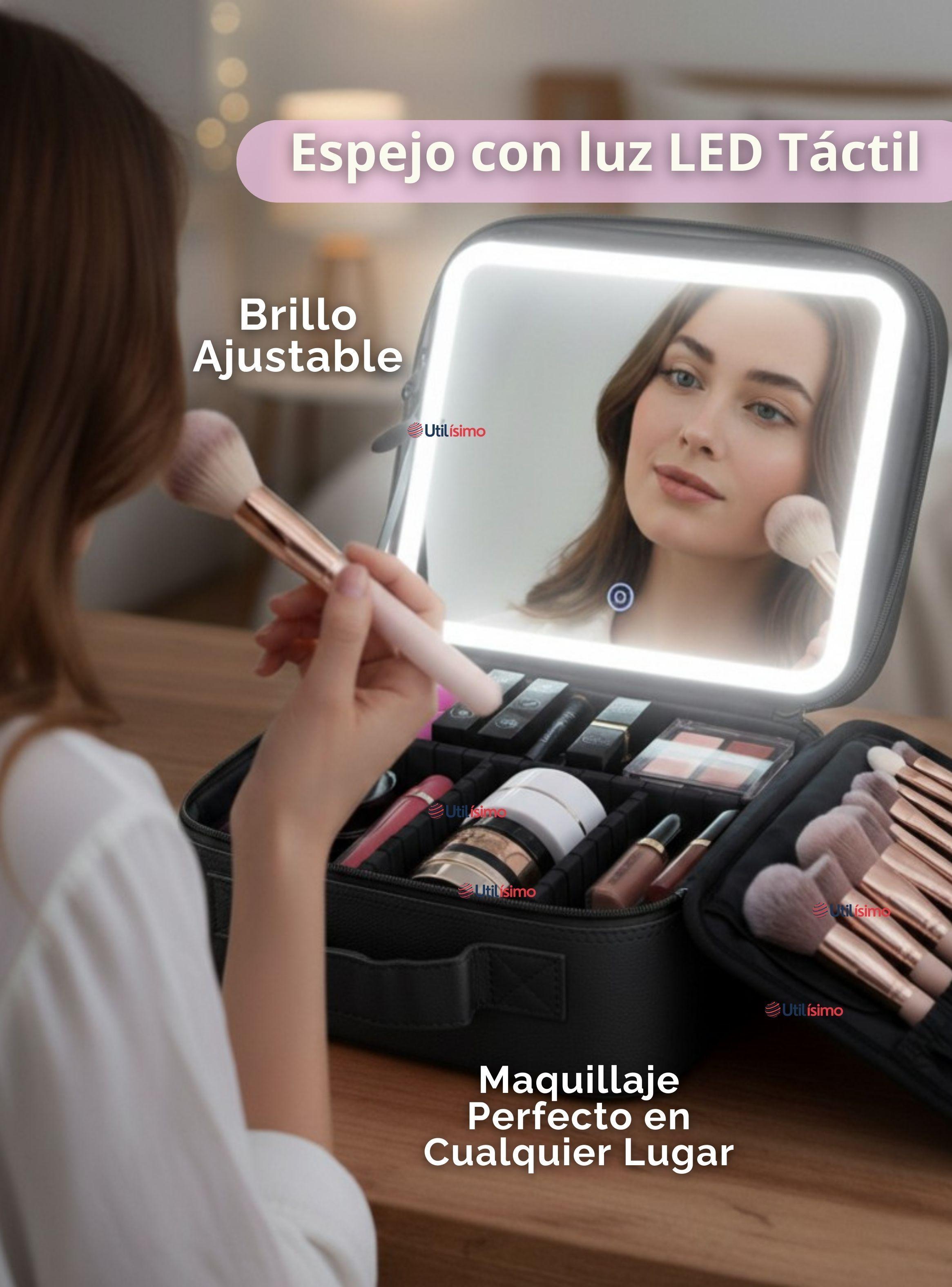 Estuche Maquillaje 2 en 1 Bolso Cosmetiquero con Espejo de Luz Led Organizador de Color Negro-4