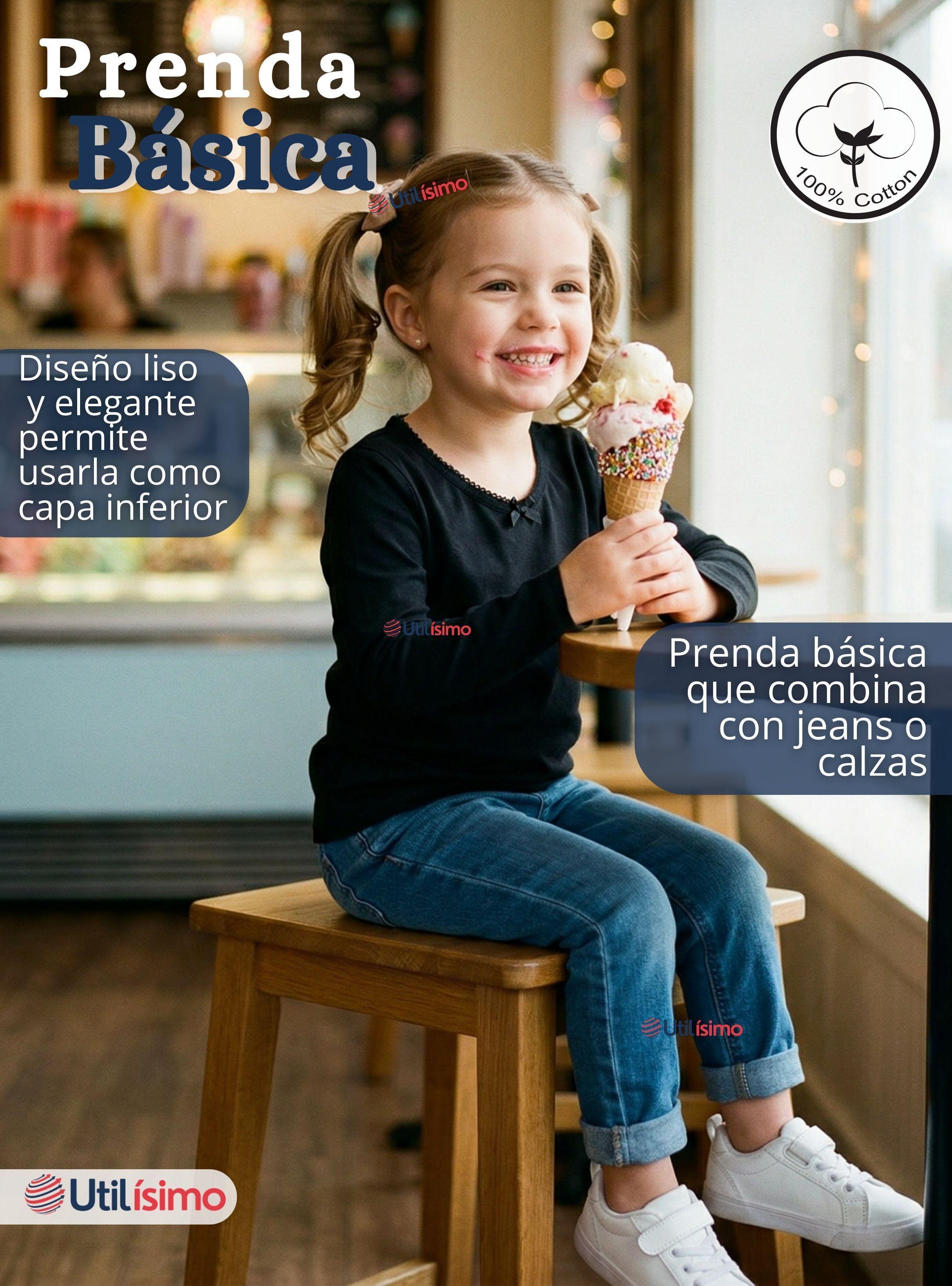 Camiseta Polera Algodón Cuello Redondo Primera Capa Manga Larga Colores Surtidos Niña-7