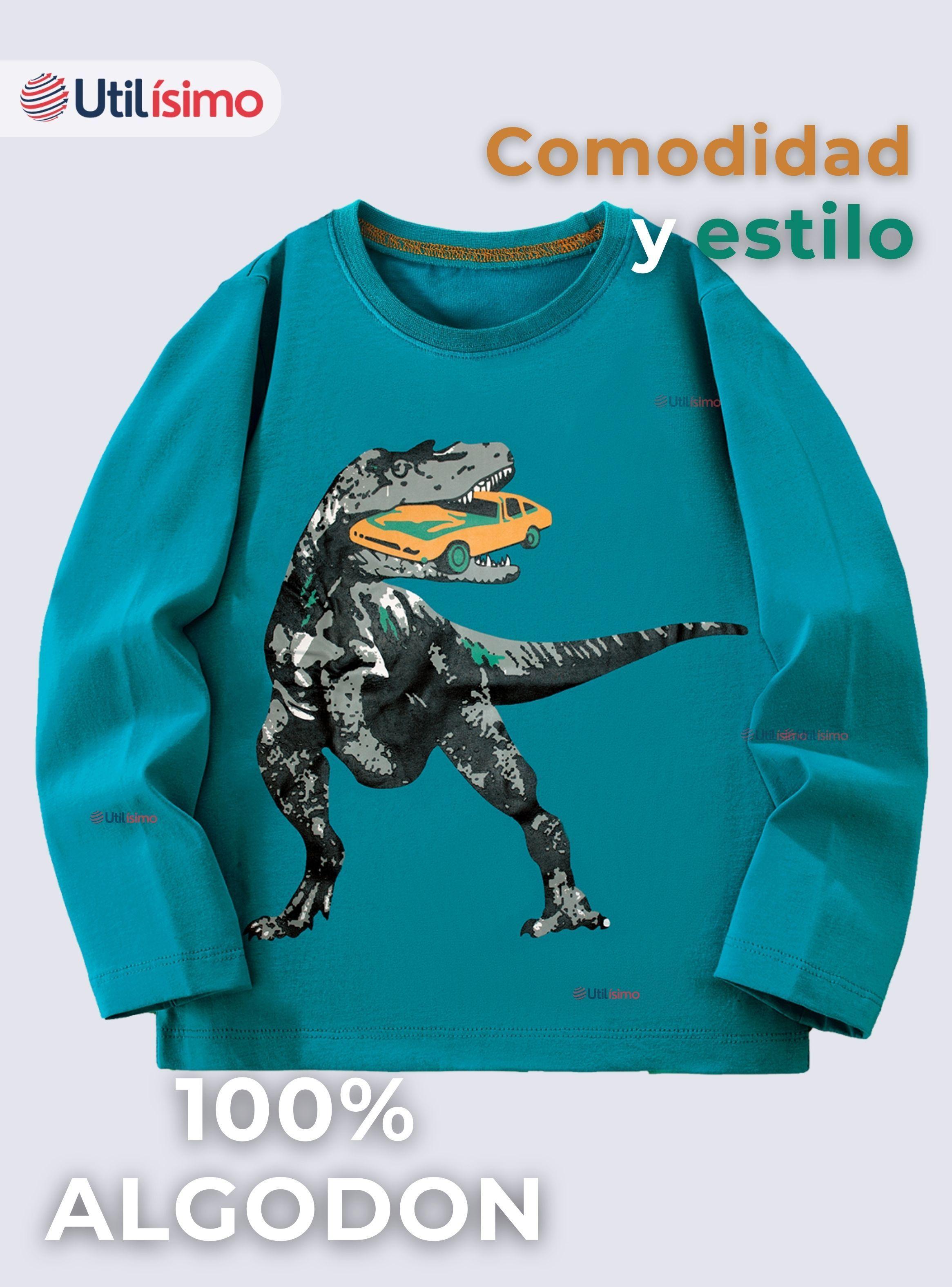 Polera Algodón Manga Larga Niños Camiseta Dinosaurio verde-2