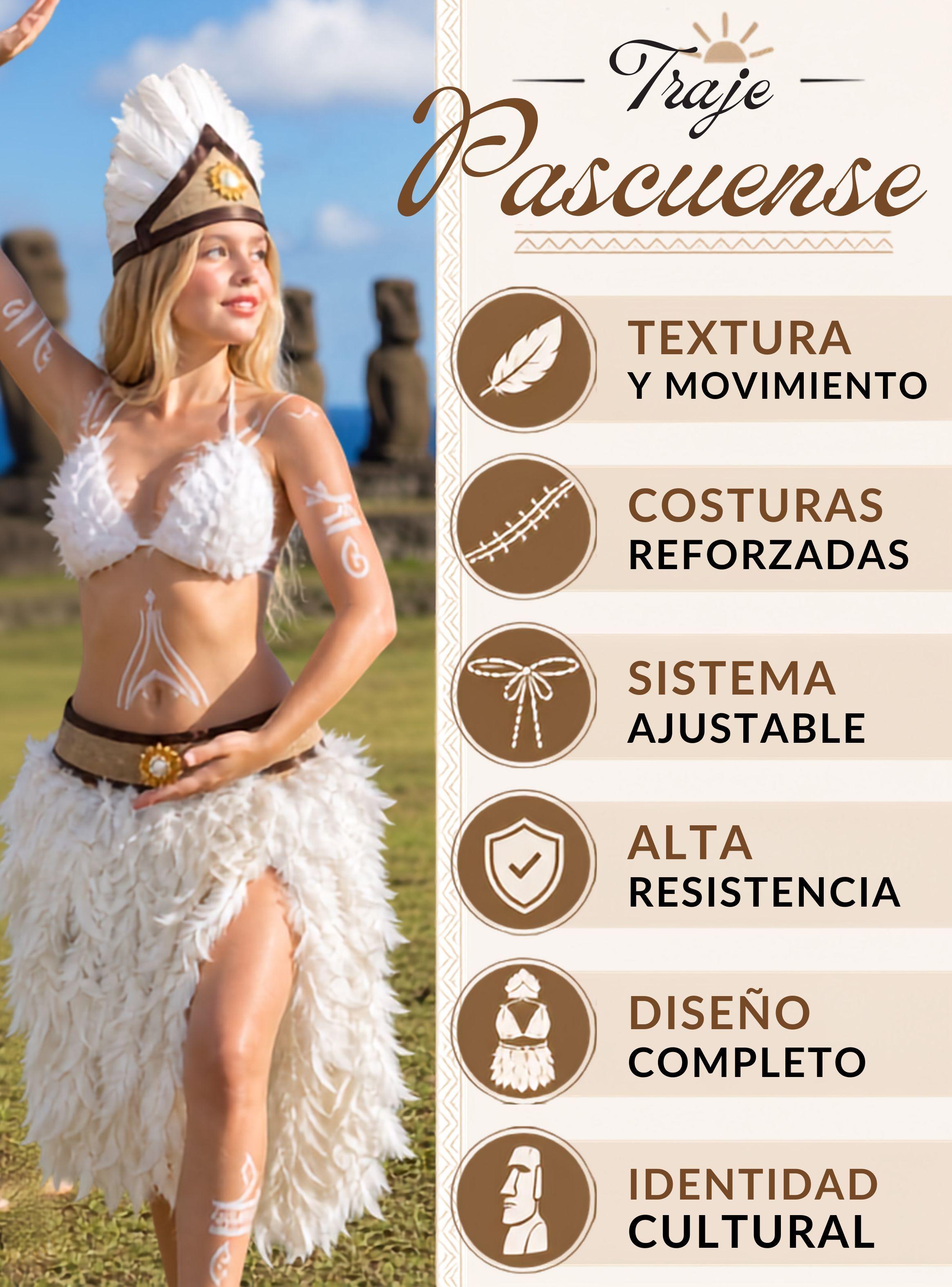 Traje Pascuense Blanco Con Plumas 3 Piezas Juvenil Típico Rapa Nui Fiestas Patrias-3