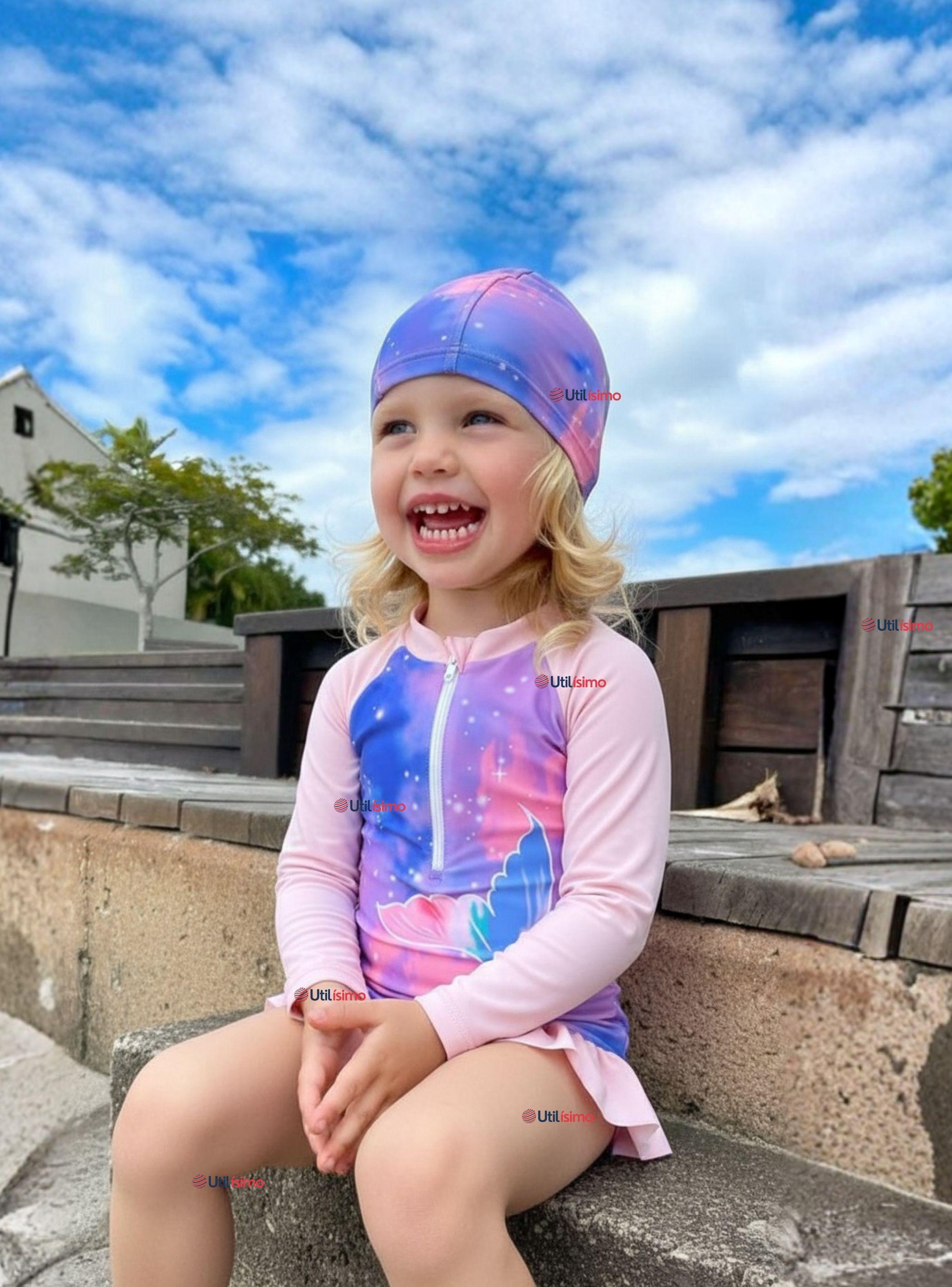 Traje De Baño Enterito Manga Larga con Cremallera y Gorro de Baño Bebe Niña Pink Mermaid-0