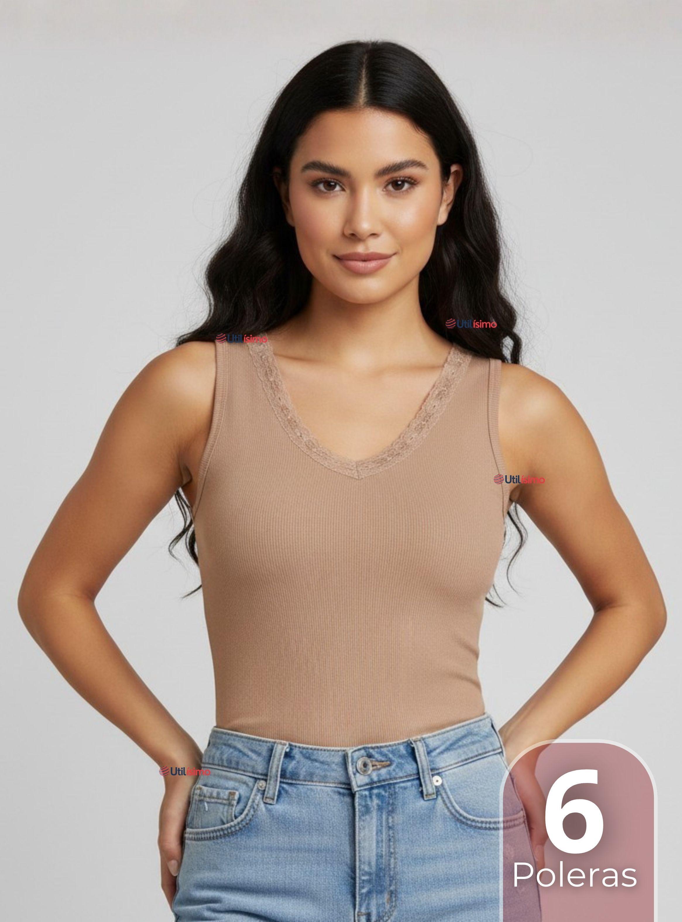 Pack 6 Camiseta Polera Sin Mangas Tela Acanalada  Algodón Cuello V Mujer Colores Surtidos-0