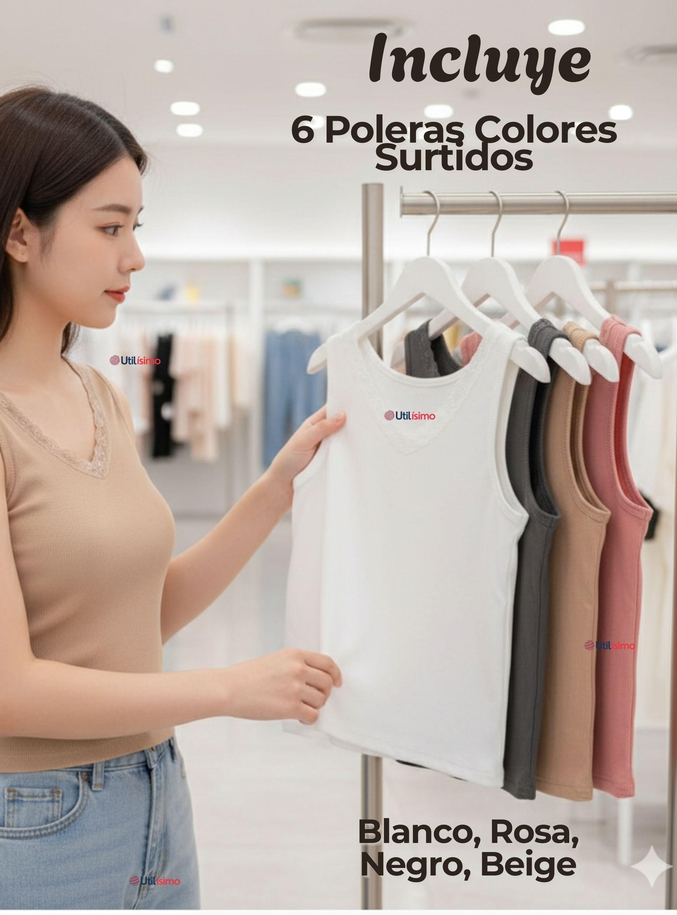 Pack 6 Camiseta Polera Sin Mangas Tela Acanalada  Algodón Cuello V Mujer Colores Surtidos-1