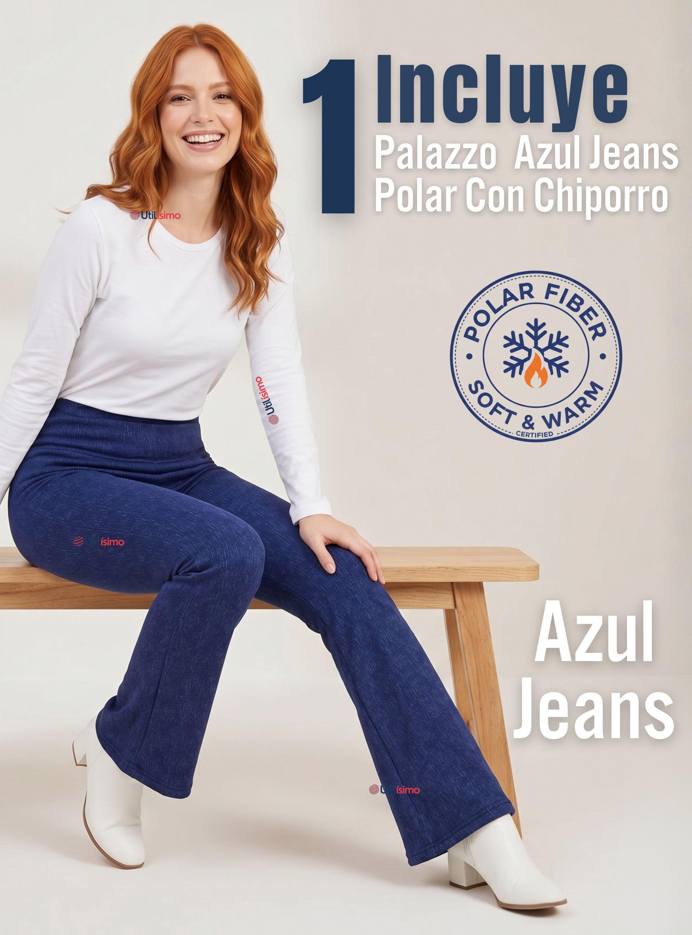 Calza Polar Con Chiporro Palazzo Mujer Elasticada Térmica Color Azul jeans-2