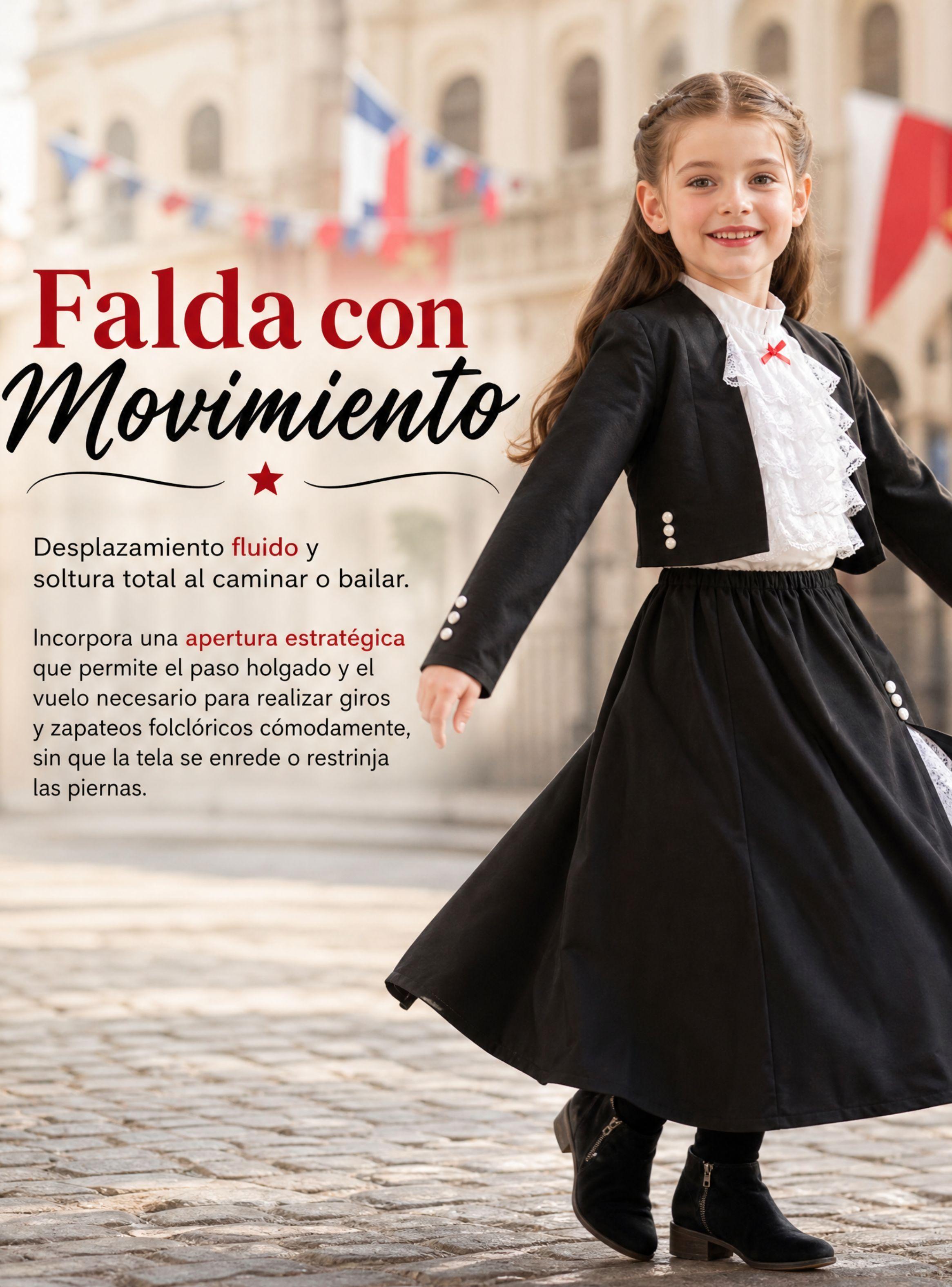 Traje Huasa Elegante Negro NIña Conjunto 4 Piezas Traje Tipico Fiestas Patrias-5