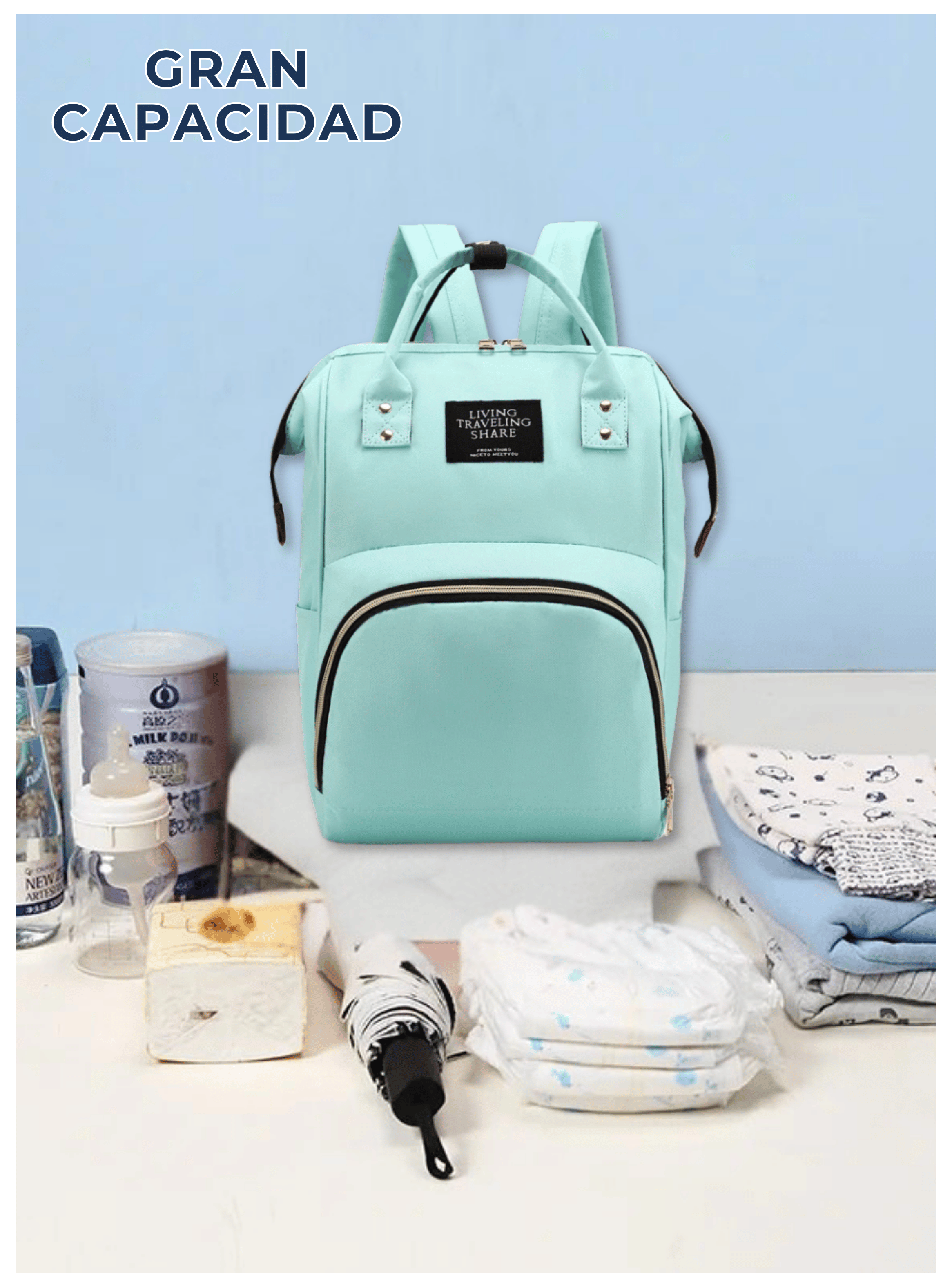 Mochila Maternal Bolso Pañalera Nylon Bebé Térmica e Impermeable Turquoise-3