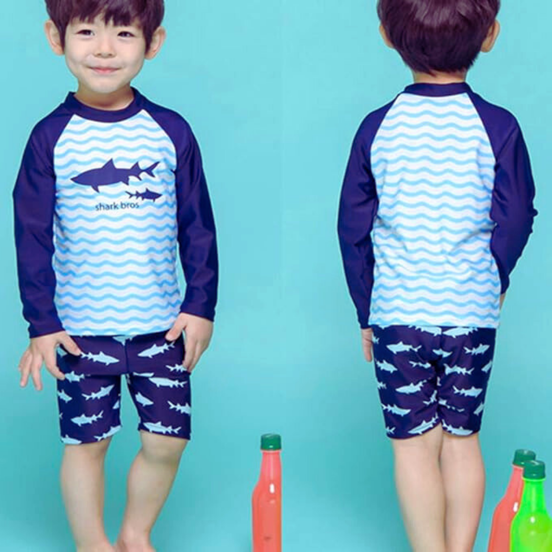 Traje De Baño 3 Piezas Manga Larga Niño Jump Kids Tiburón Azul-4