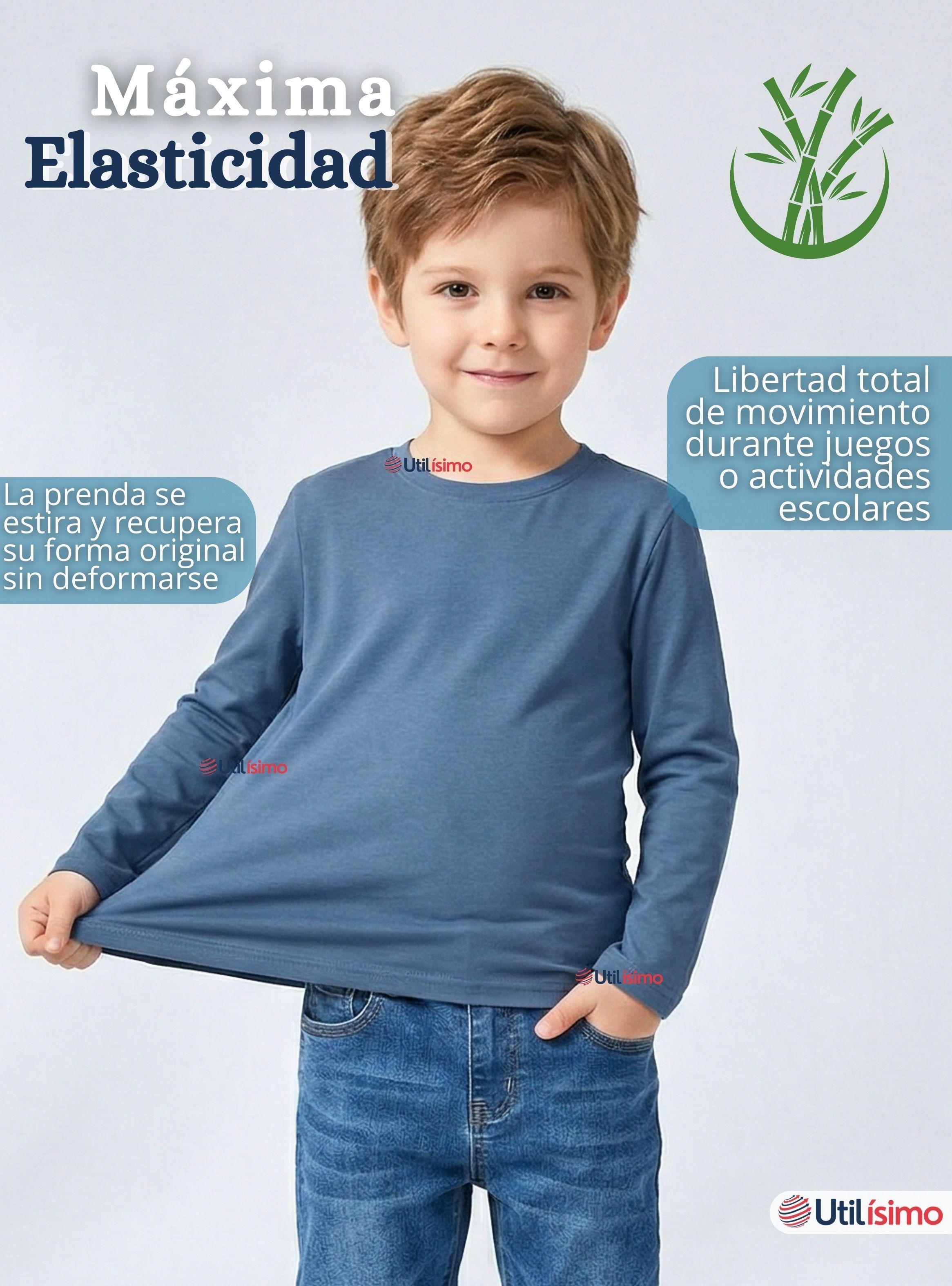 Polera Camiseta Bambú Azul Claro Cuello Redondo Primera Capa Mangas Larga Niños-4