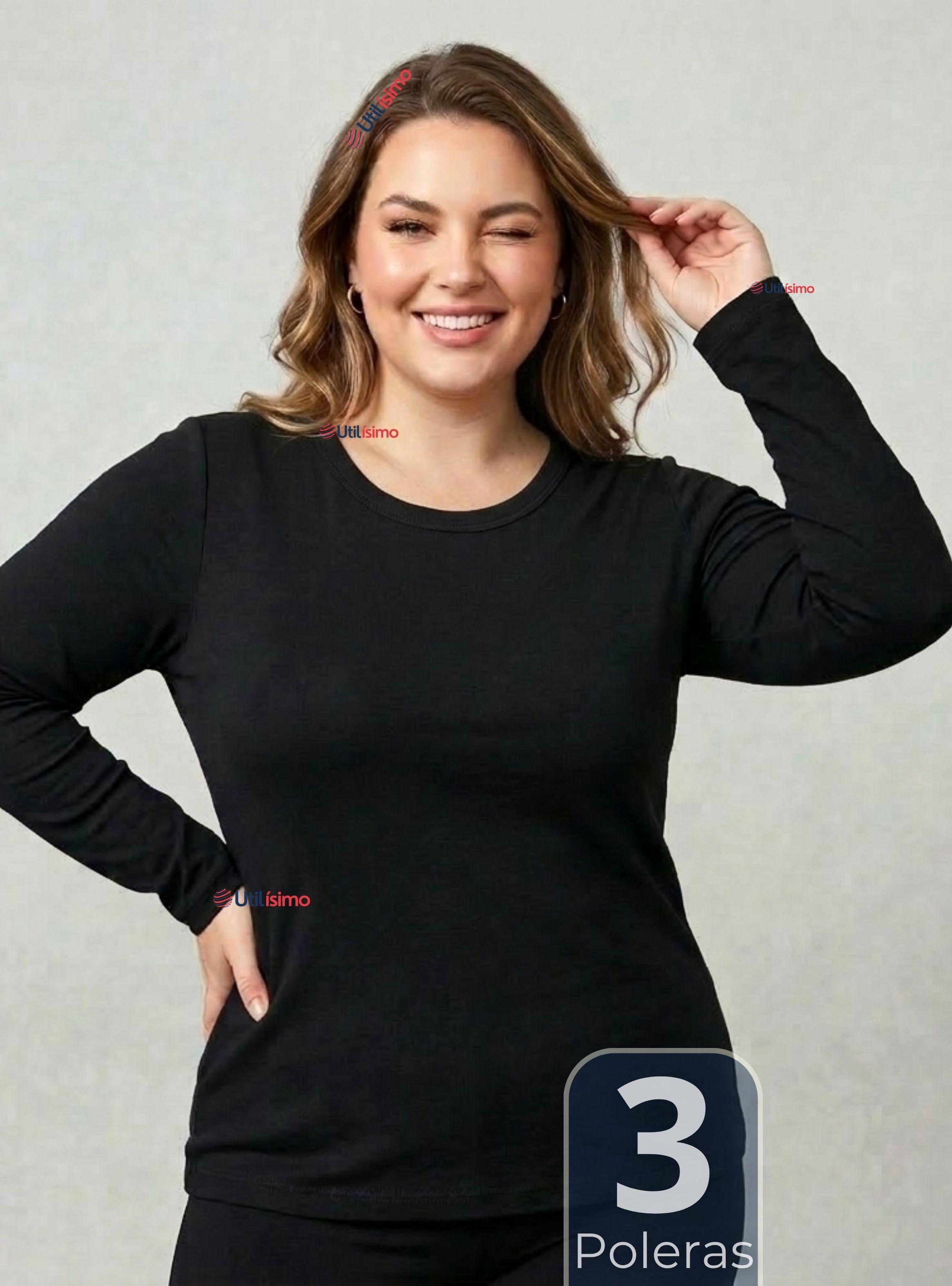 Pack 3 Camisetas Poleras Polar Primera Capa de Color Negro Manga Larga de Mujer-0