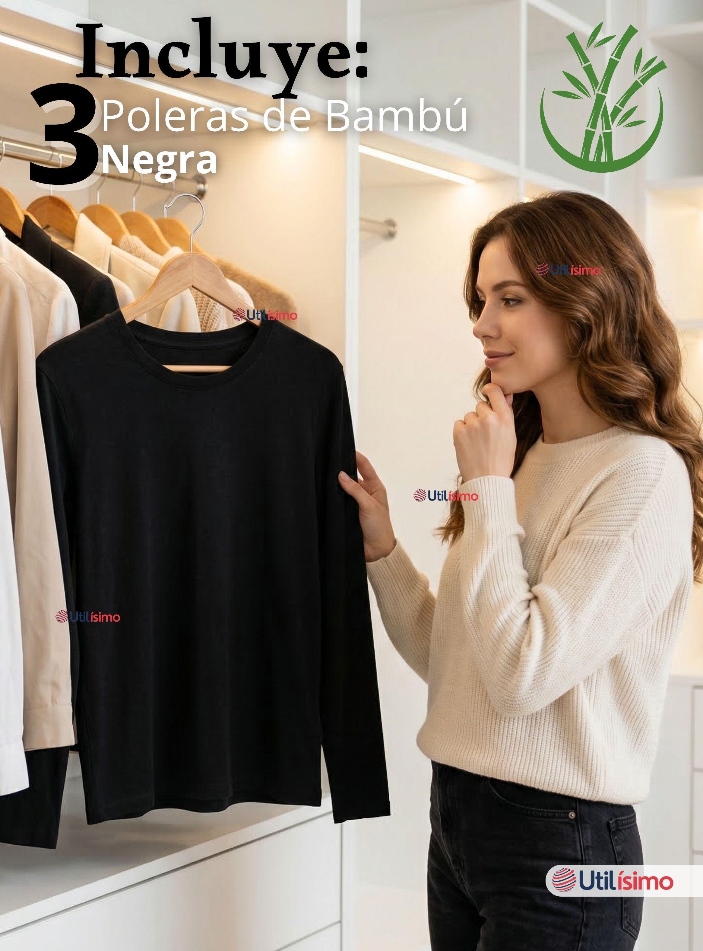 Pack 3 Camisetas Poleras Bambú Primera Capa Manga Larga Color Negro Mujer-2