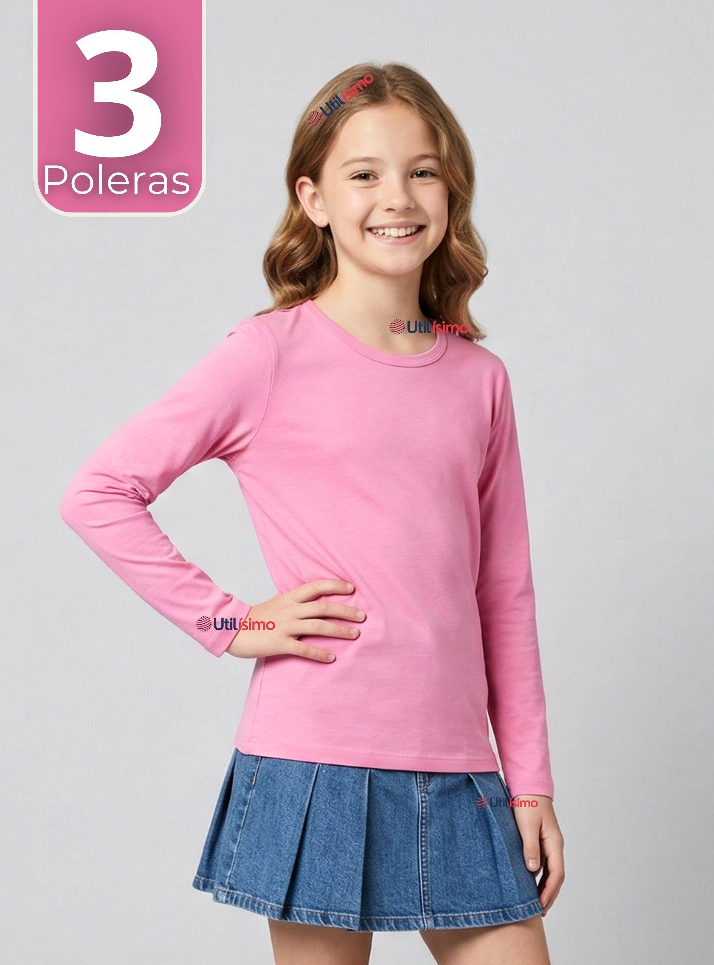 Pack 3 Camisetas Poleras Bambú Cuello Redondo Rosado Oscuro Primera Capa Mangas Largas Niñas-0