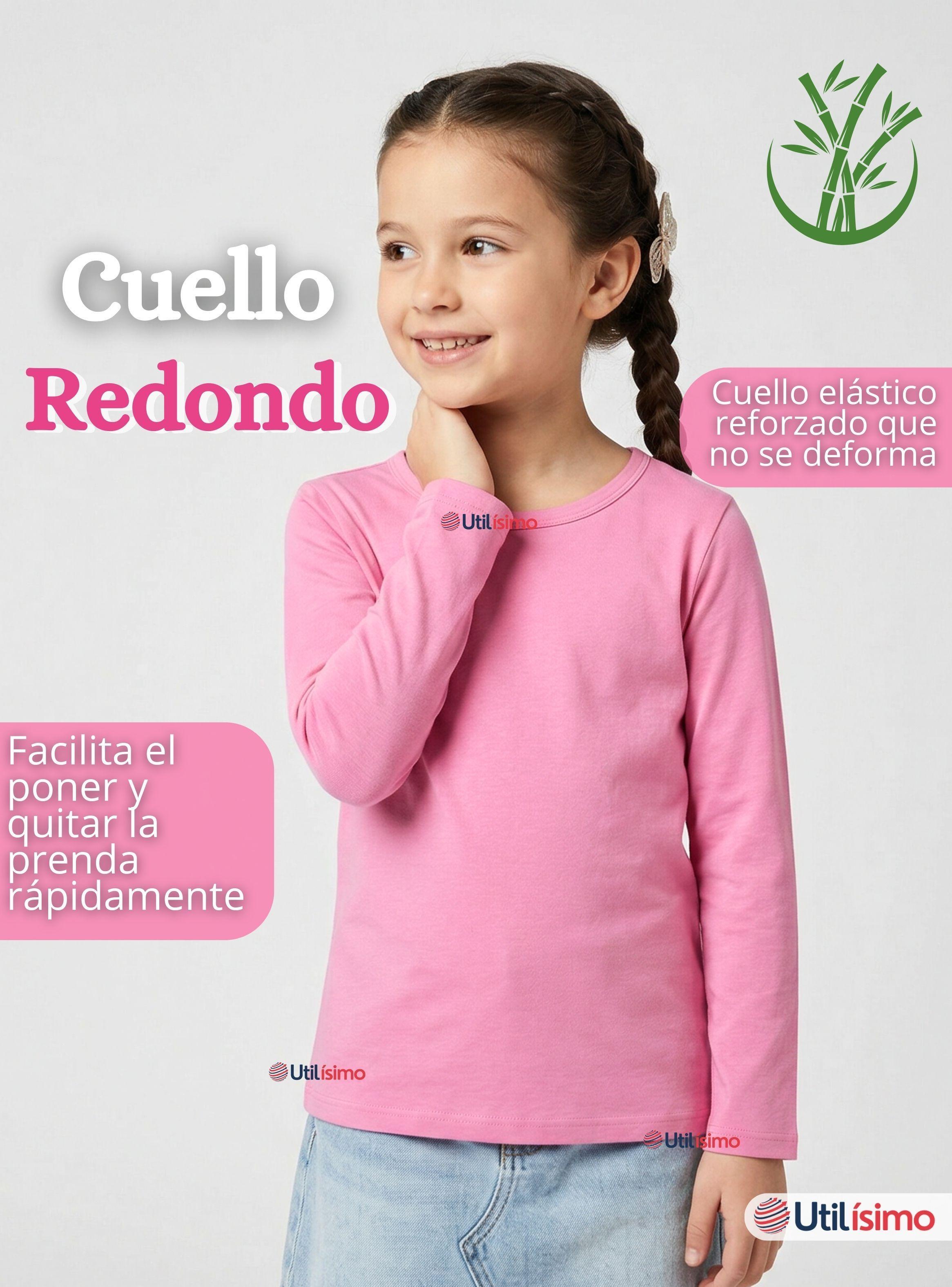 Pack 3 Camisetas Poleras Bambú Cuello Redondo Rosado Oscuro Primera Capa Mangas Largas Niñas-5