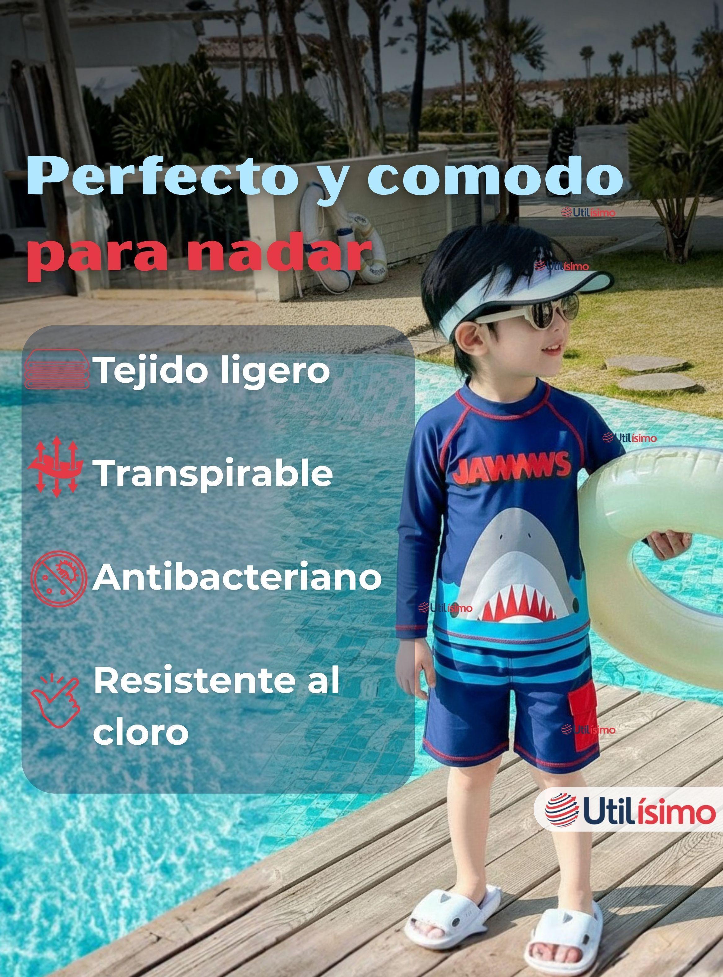 Traje De Baño 2 piezas Polera Manga Larga y Pantalón Corto Niños 3 a 11 años Blue Shark-4