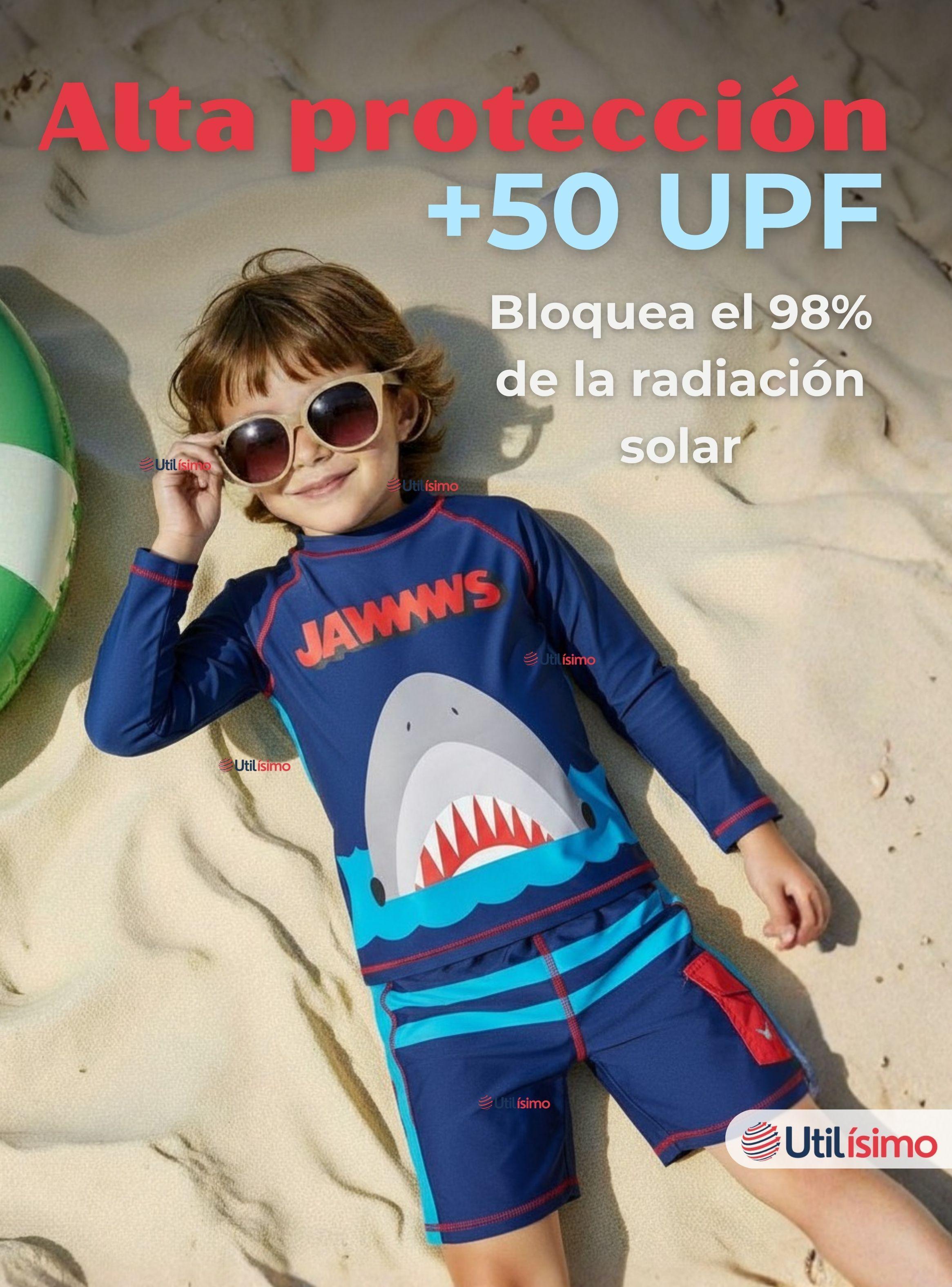 Traje De Baño 2 piezas Polera Manga Larga y Pantalón Corto Niños 3 a 11 años Blue Shark-5