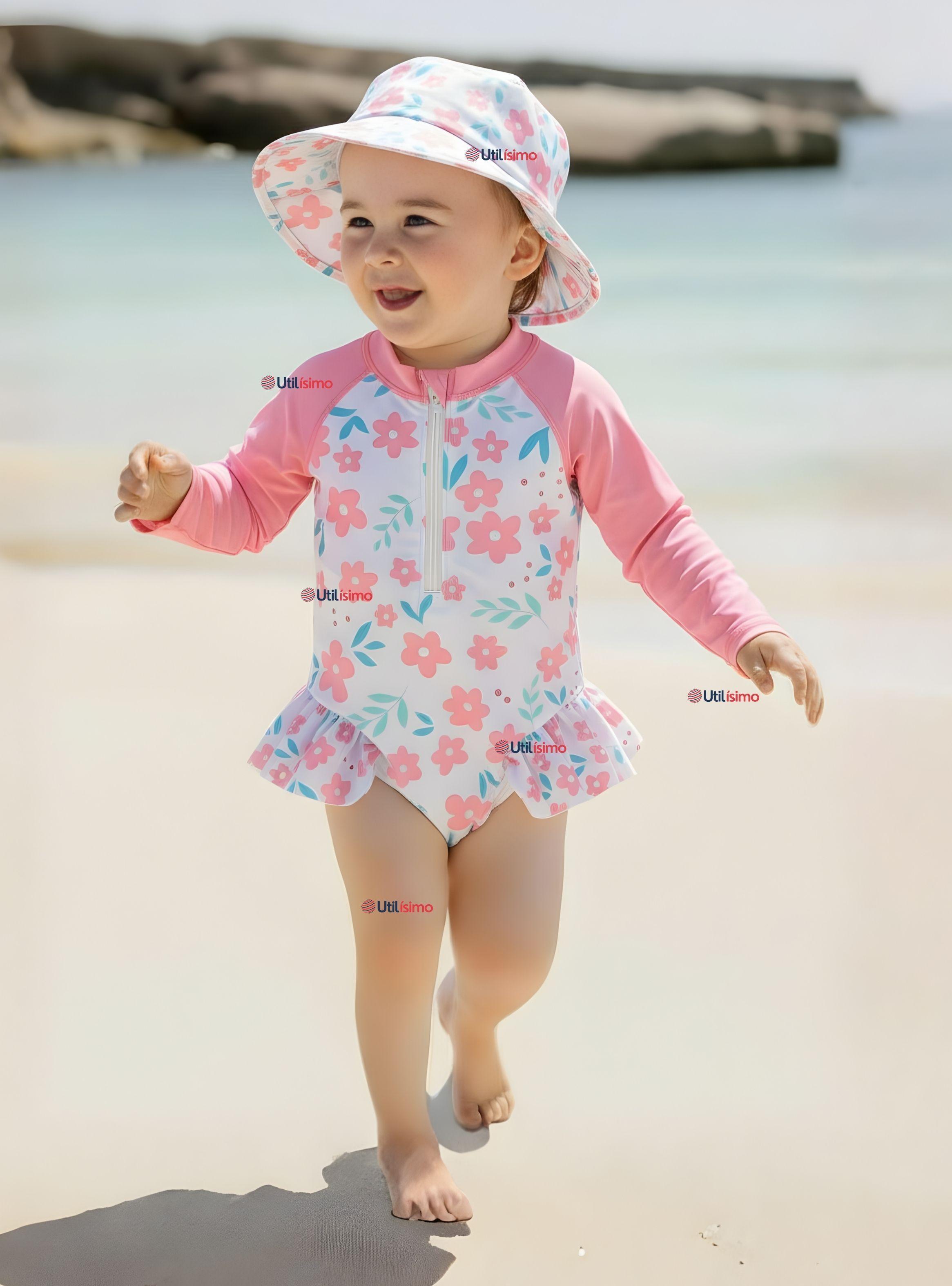 Traje de Baño Enterito Manga Larga Con Gorro 2 Piezas para Niña de 9 a 36 Meses Rosa-0