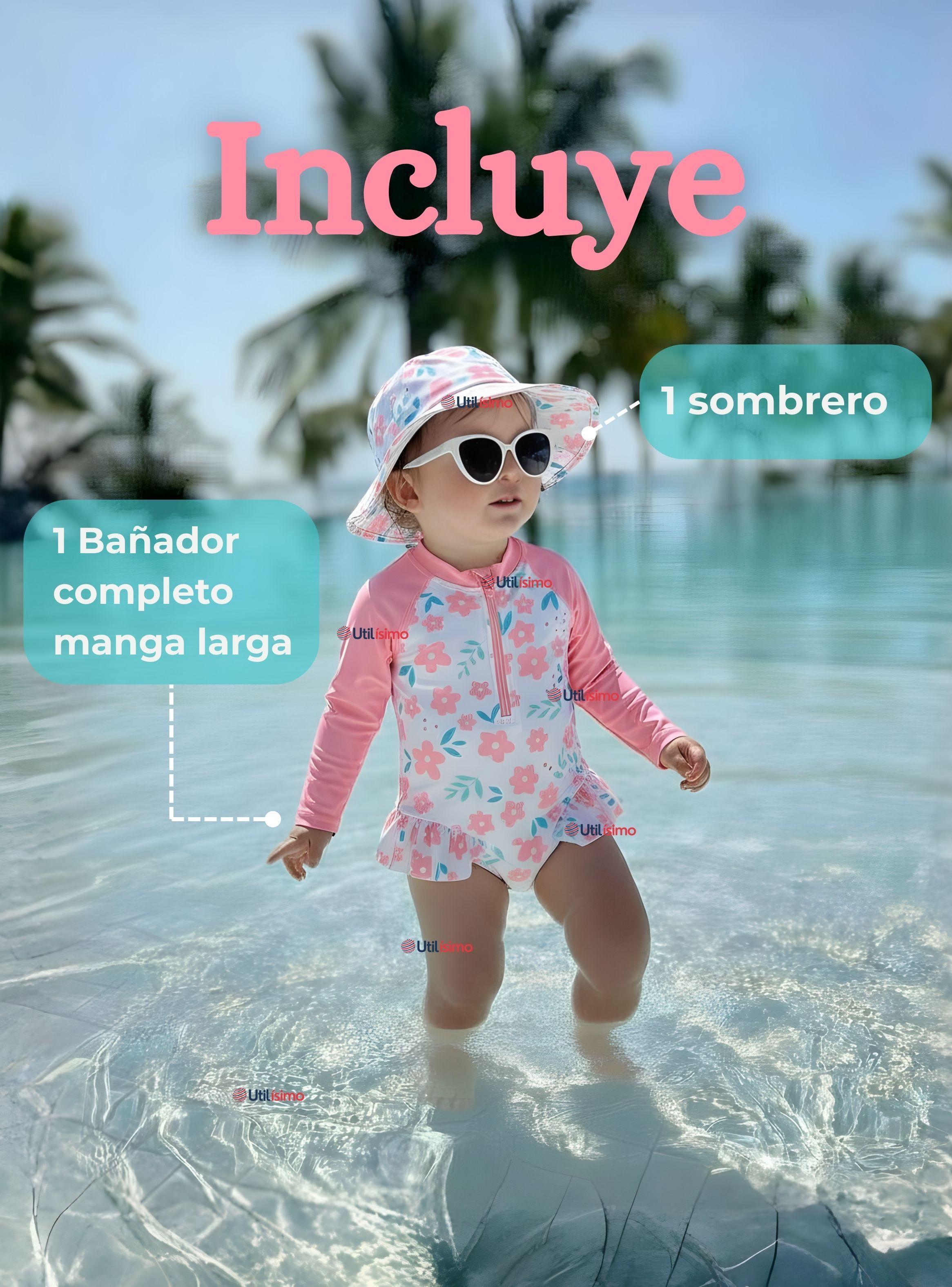 Traje de Baño Enterito Manga Larga Con Gorro 2 Piezas para Niña de 9 a 36 Meses Rosa-1