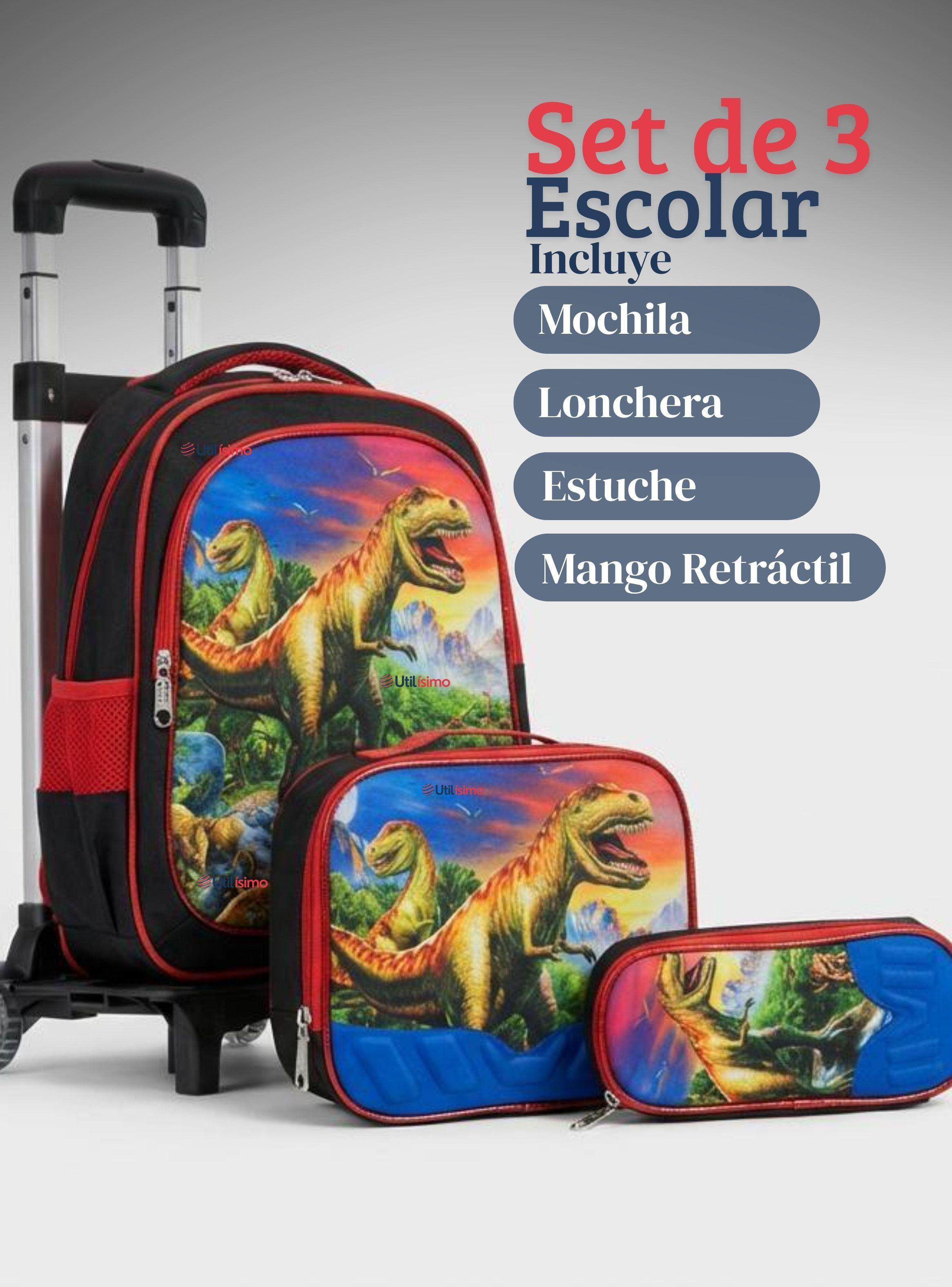 Mochila Escolar Con Ruedas Desmontables Diseño 3D + Estuche y Lonchera Niño Poliéster Dinosaur-1