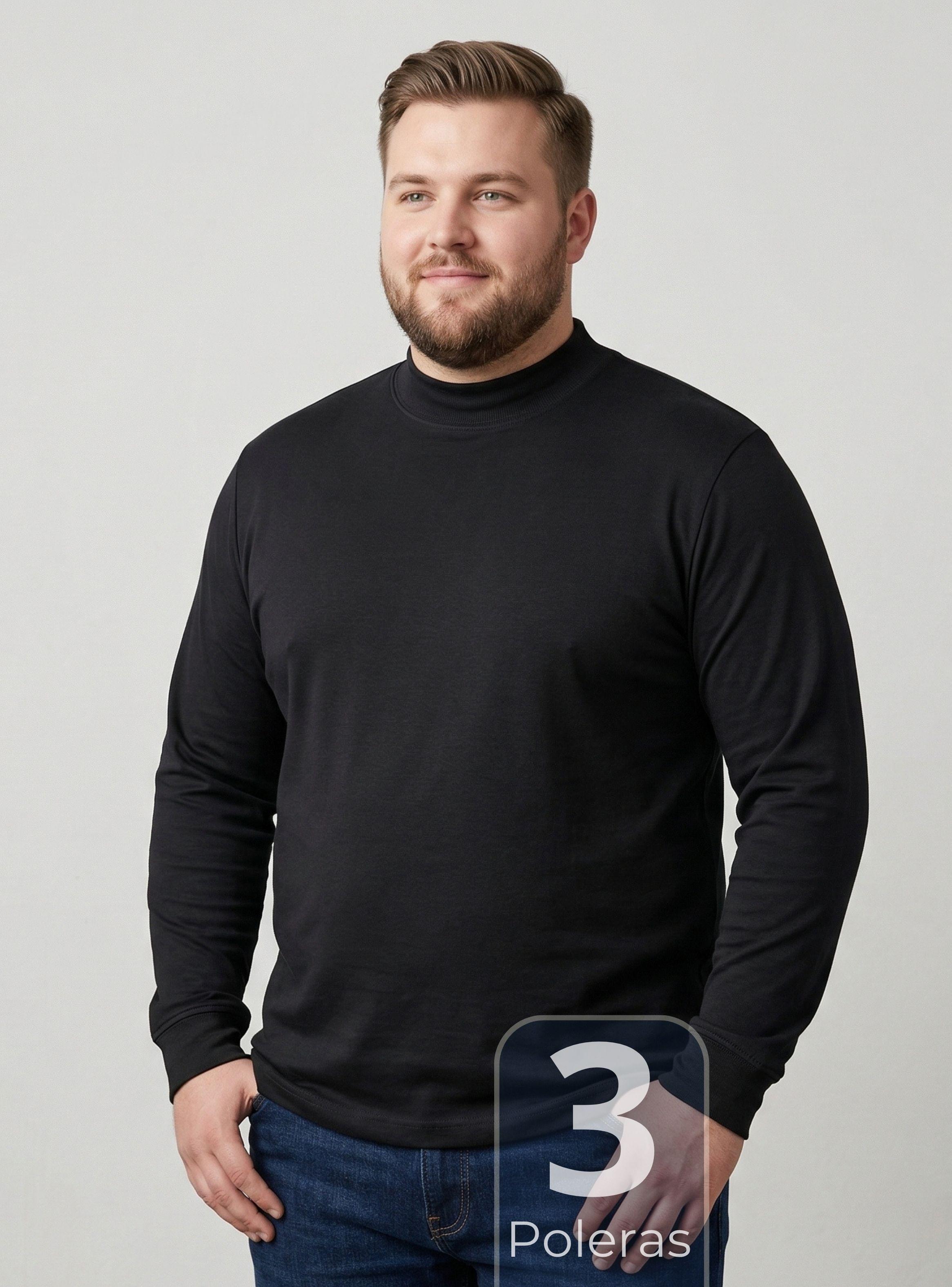 Pack 3 Camiseta Polera Bambú Primera Capa de Cuello Beatle Manga Larga Negro Hombre-1