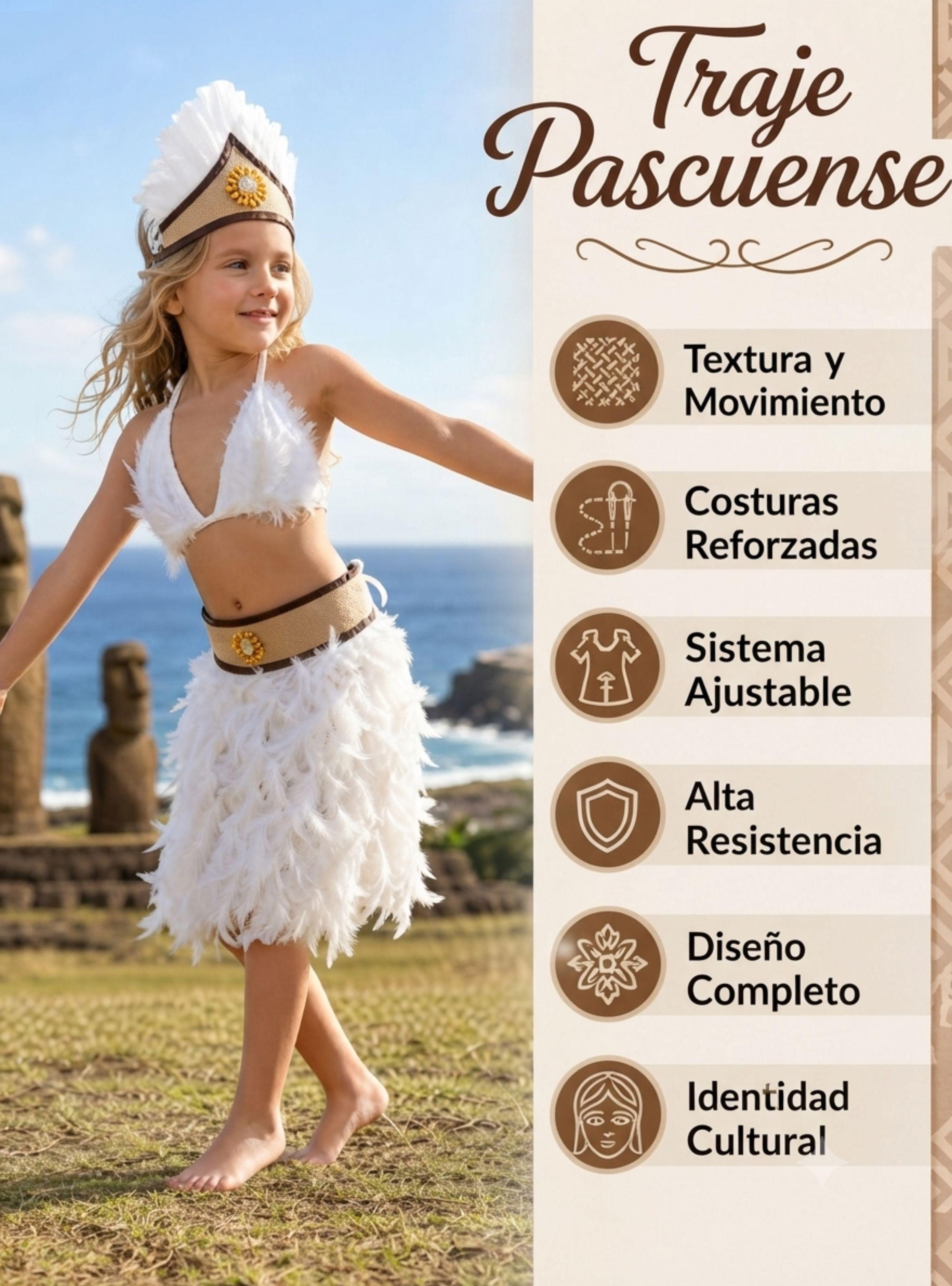 Traje Pascuense Blanco Con Plumas 3 Piezas Típico Niñas Rapa Nui Fiestas Patrias-3
