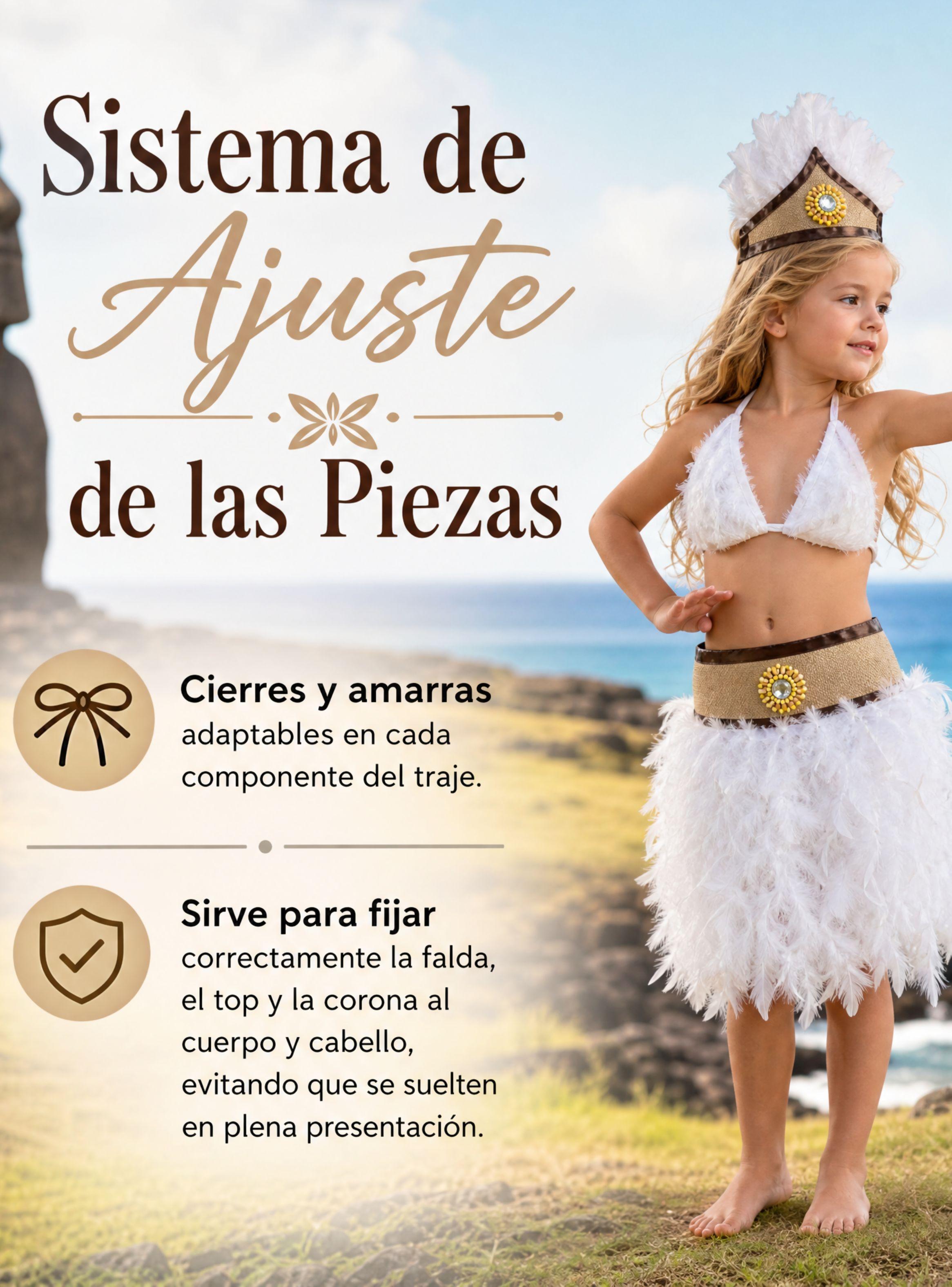 Traje Pascuense Blanco Con Plumas 3 Piezas Típico Niñas Rapa Nui Fiestas Patrias-6