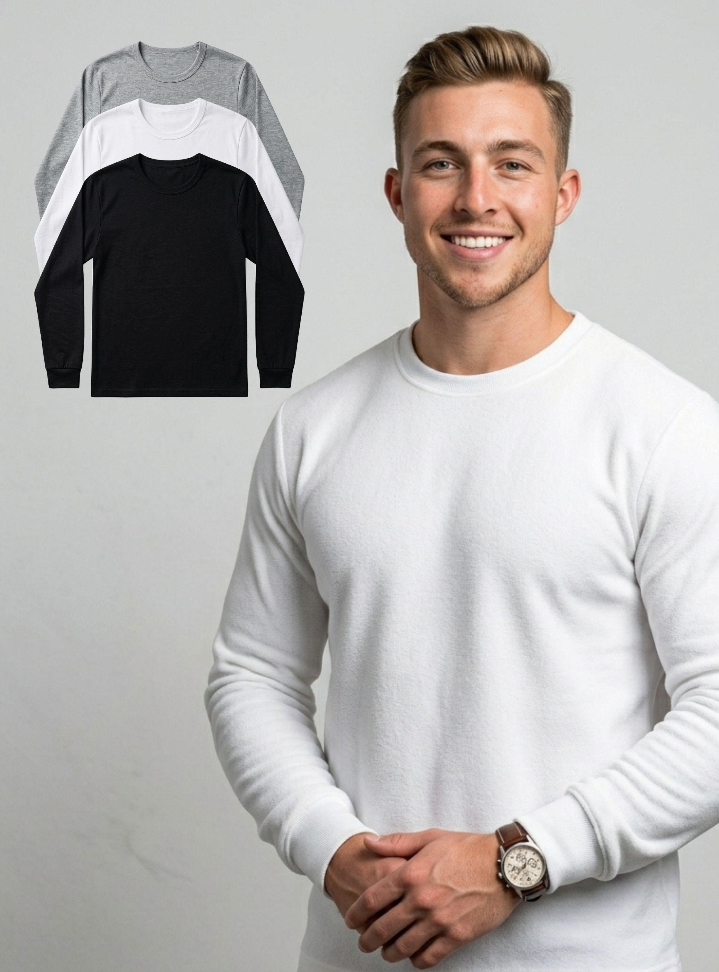 Camiseta Polera de Algodón Primera Capa Manga Larga Hombre Cuello Redondo-1