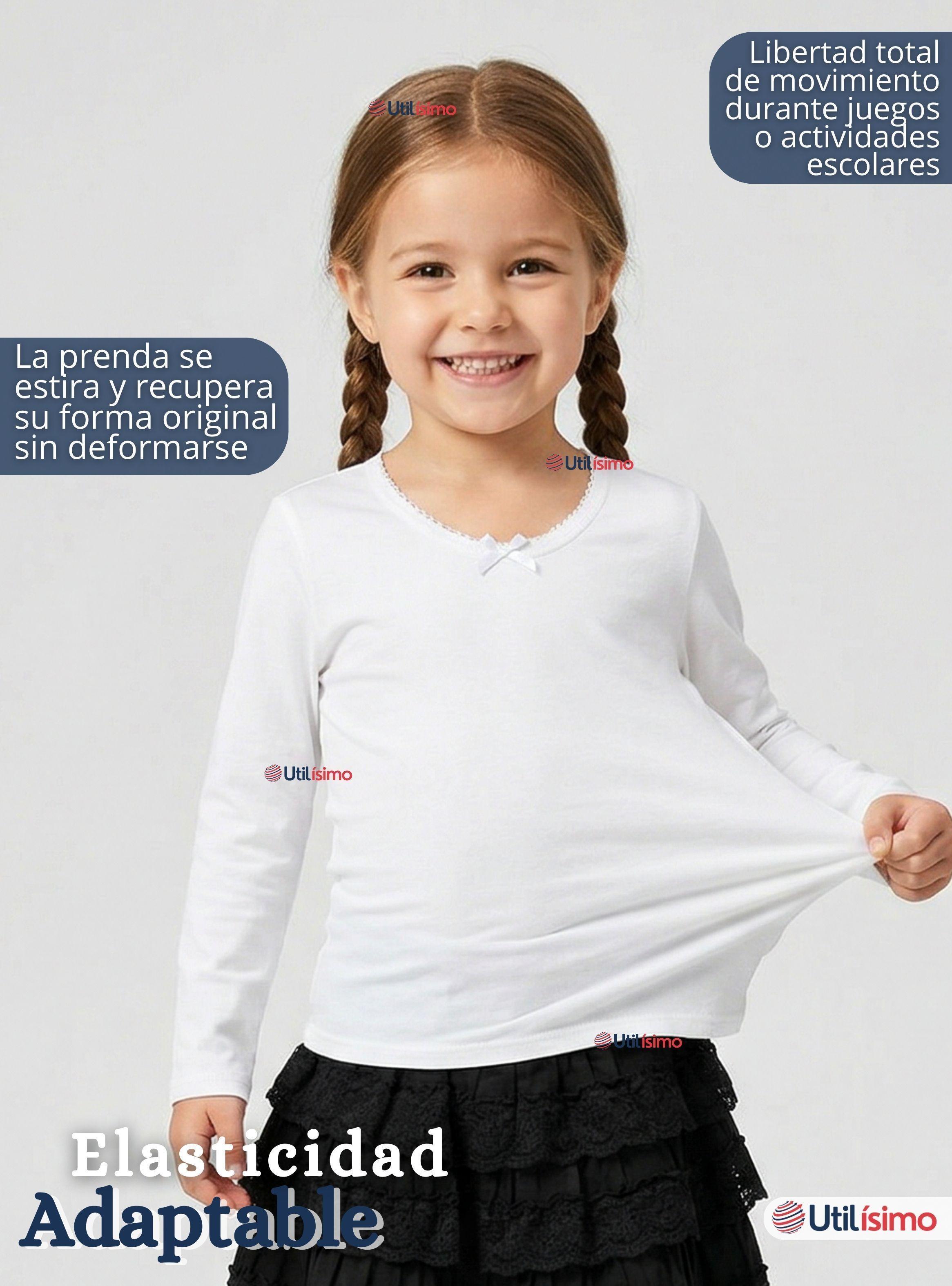Pack 3 Camisetas Poleras Algodón Cuello Redondo Blanca Primera Capa Manga Larga  para Niña-2